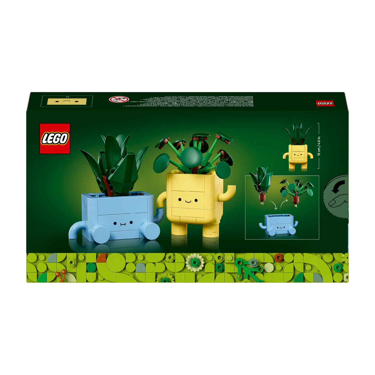 Set LEGO con due vasi. Uno è blu, l'altro giallo. Entrambi hanno facce. Ci sono piante verdi. Lo sfondo è verde.