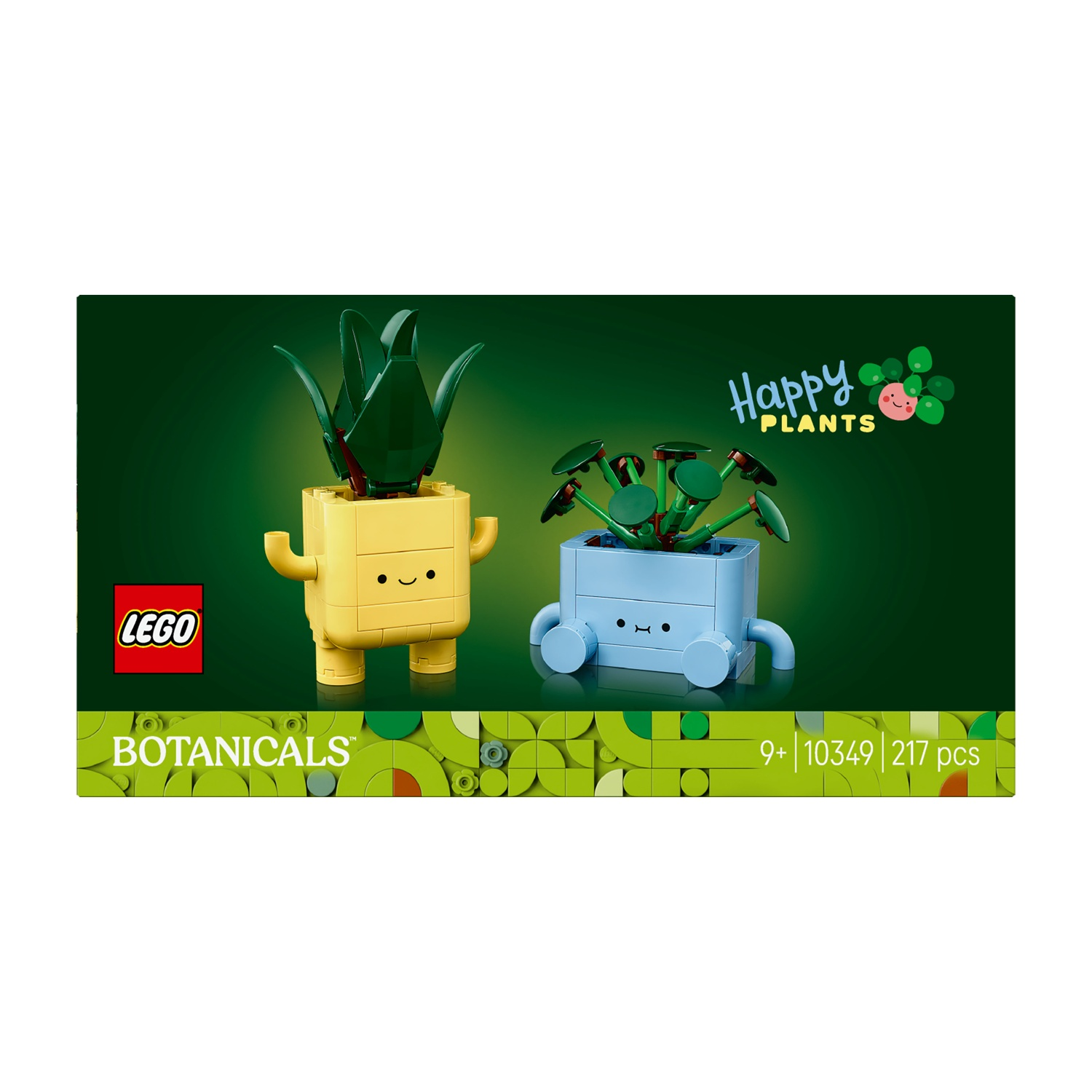 Set LEGO con due piante costruite con mattoncini: una succulenta gialla e una pianta blu con foglie verdi. Il set è etichettato 'Happy Plants'.