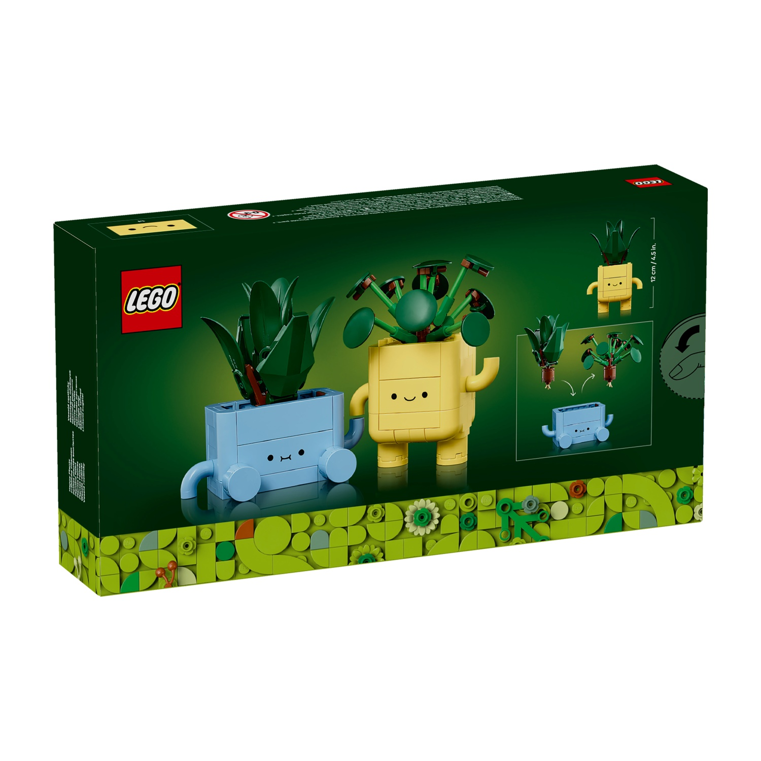 Scatola Lego. Figure blu e gialle a forma di pianta con piante verdi. Logo Lego. Sfondo verde con disegni di piante e istruzioni.