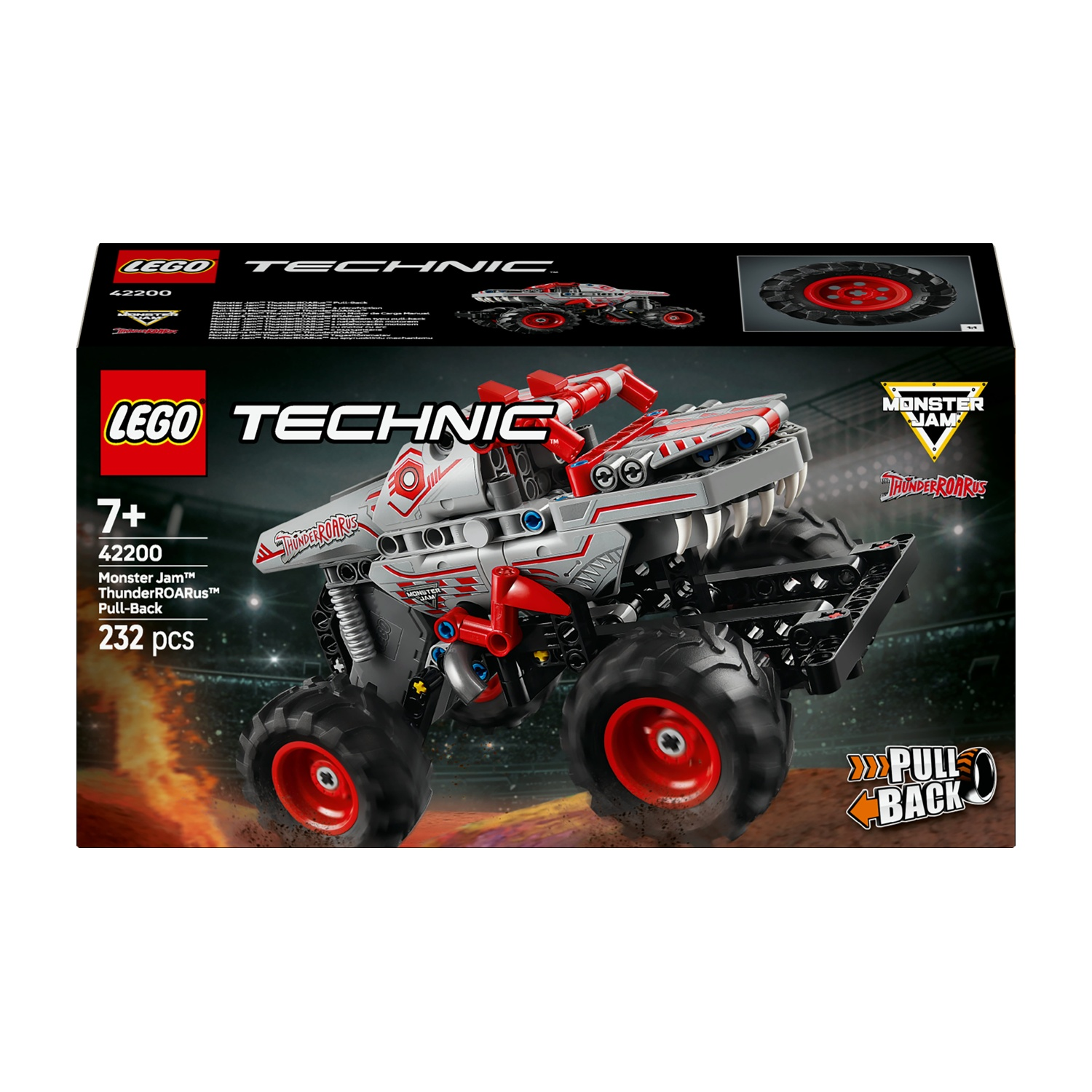 Una scatola del set Lego Technic Monster Jam ThunderROARUS. Presenta un monster truck grigio e rosso con ruote grandi e il logo Monster Jam.