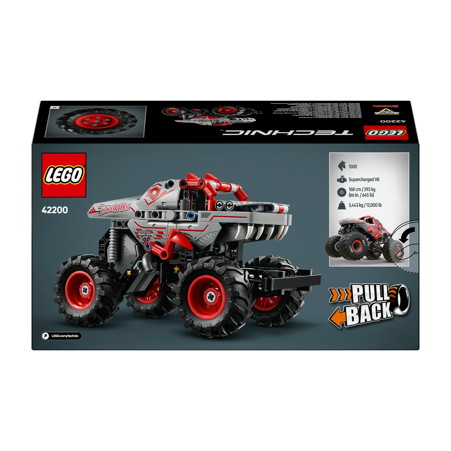 Un set Lego Technic monster truck, chiamato Thunder Roar, in grigio, rosso e nero, con pneumatici grandi. La scatola mostra il camion e le specifiche.