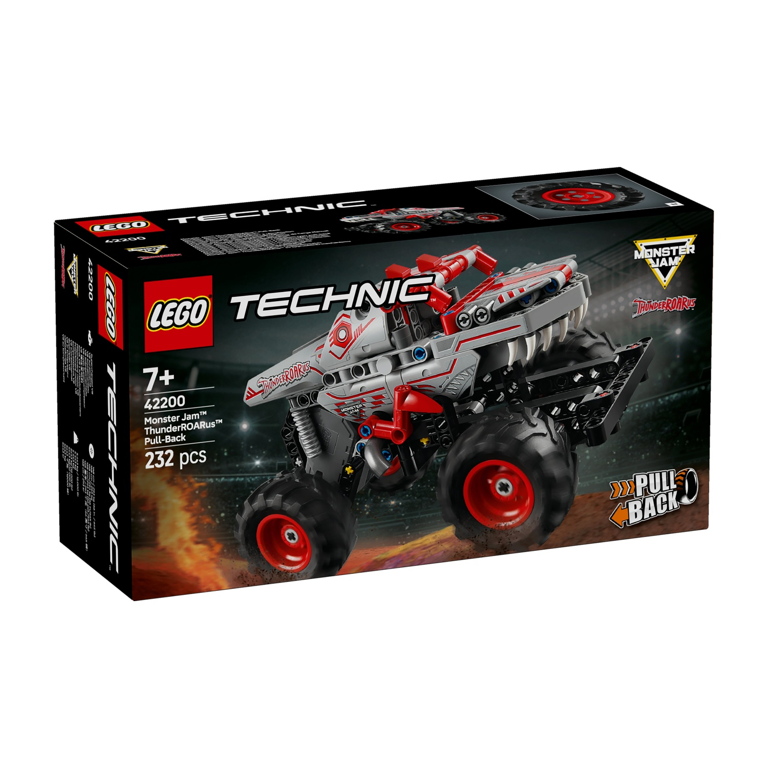 Una scatola Lego Technic mostra un camion Monster Jam ThunderROARUS. La scatola è nera con dettagli rossi e grigi, e il camion è visibile.