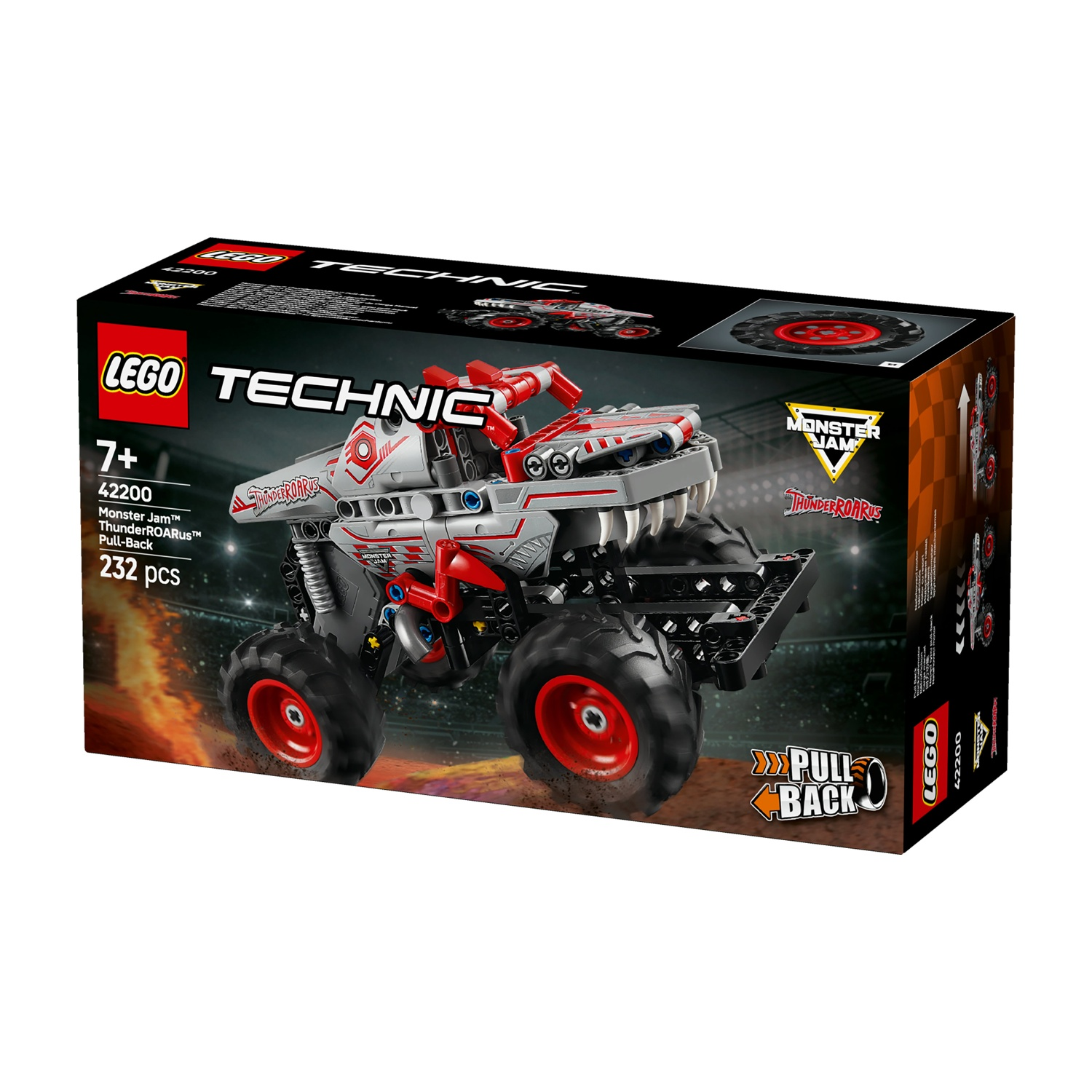 Una scatola Lego Technic mostra un modello di monster truck, rosso e grigio, con grandi pneumatici neri. La scatola dice 'Monster Jam' e 'Pull-Back'.