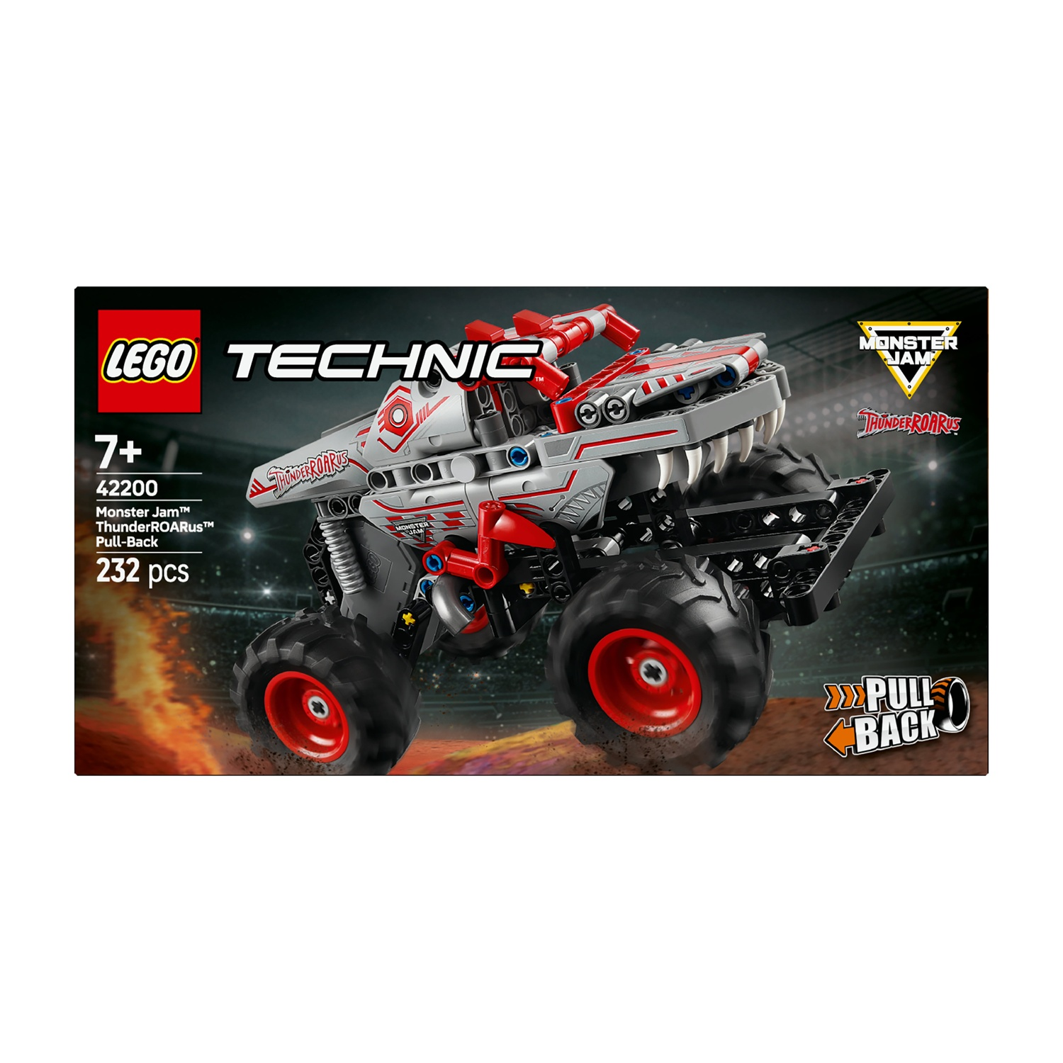 Un camion Lego Technic Monster Jam ThunderROARUS pull-back. Ha una combinazione di colori rosso e grigio, un frontale a forma di squalo e grandi ruote nere.
