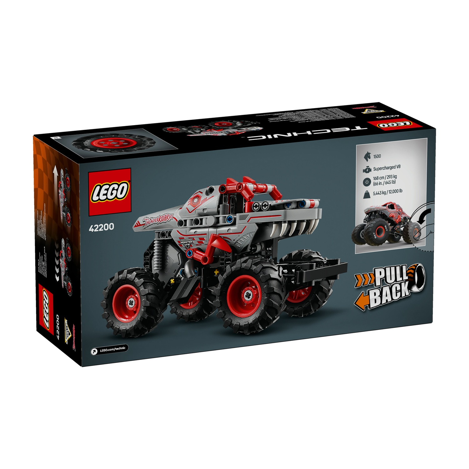 Scatola Lego Technic. Un monster truck con dettagli rossi e grigi. La scatola include il logo Lego e la funzione "Pull Back".