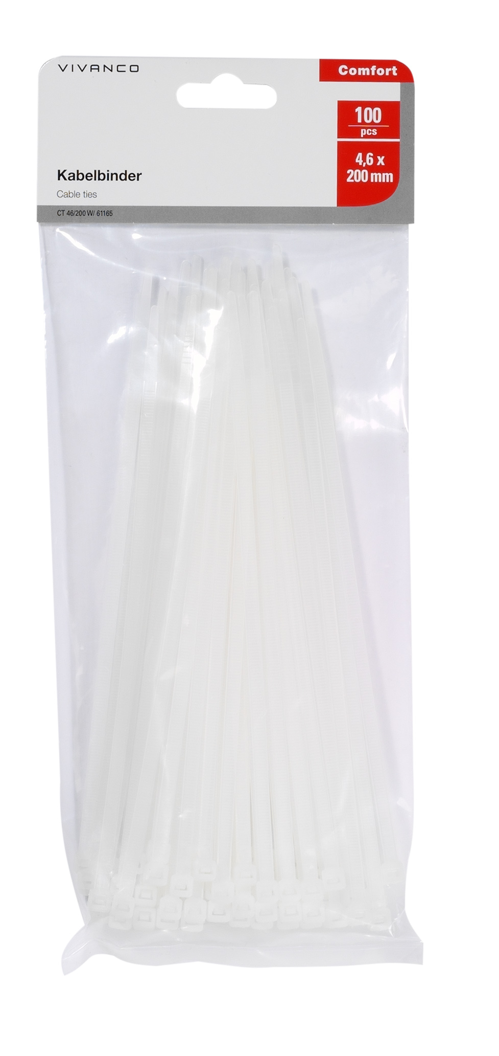 Eine Packung weißer Kabelbinder mit Etikett. Das Etikett zeigt 'Kabelbinder', 'Cable ties' und '100 Stück'.