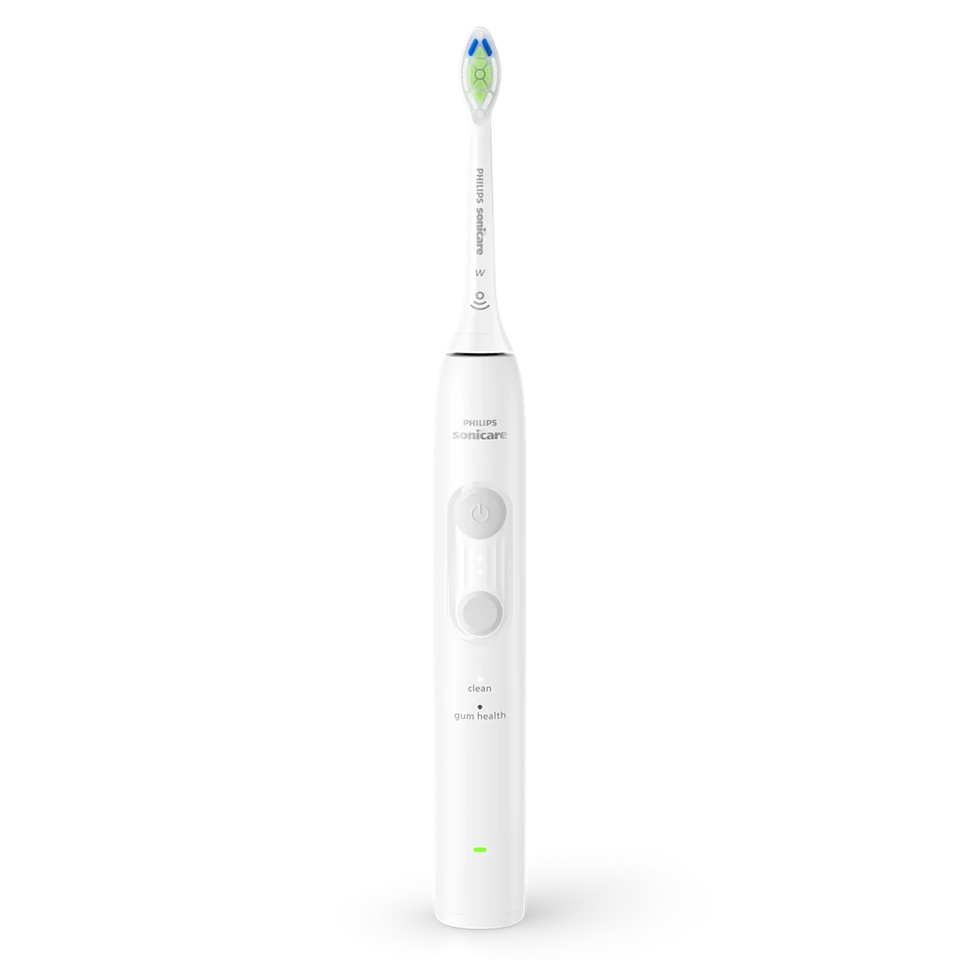 Eine weiße Philips Sonicare elektrische Zahnbürste. Der Bürstenkopf ist blau und grün. Der Griff hat Knöpfe und Kontrollleuchten.