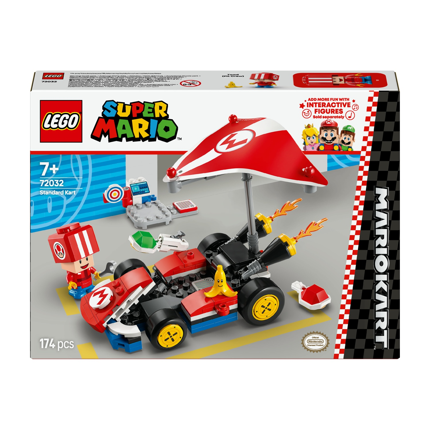 Set Lego Super Mario Kart. Presenta un kart rosso, un personaggio e un ombrello rosso e bianco. La scatola dice 174 pezzi.
