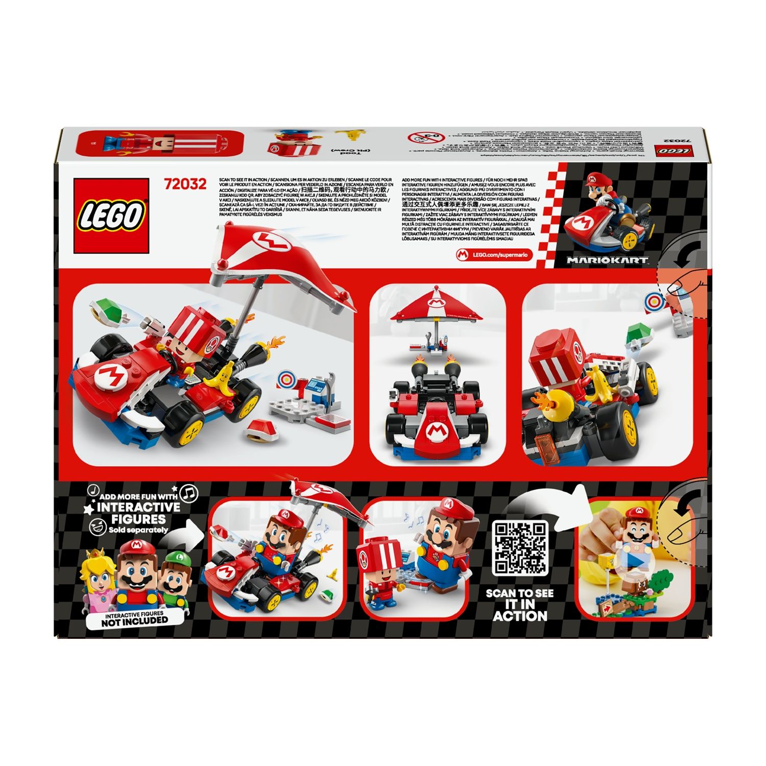 Scatola Lego Mario Kart. Mostra Mario e altri personaggi in auto, con accessori e testo.