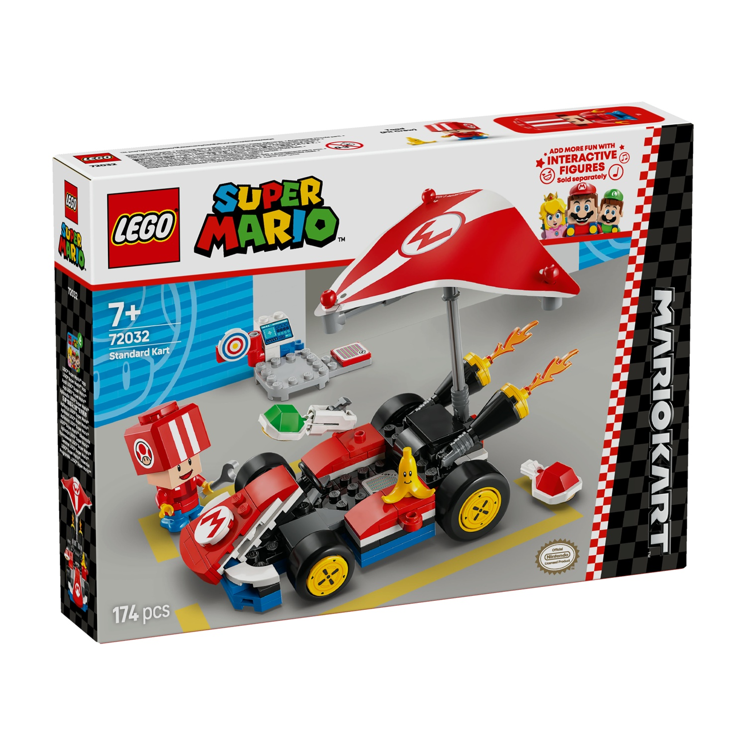 Set Lego Super Mario. Un kart rosso con un parasole rosso e bianco. Include una figura di Mario e accessori.