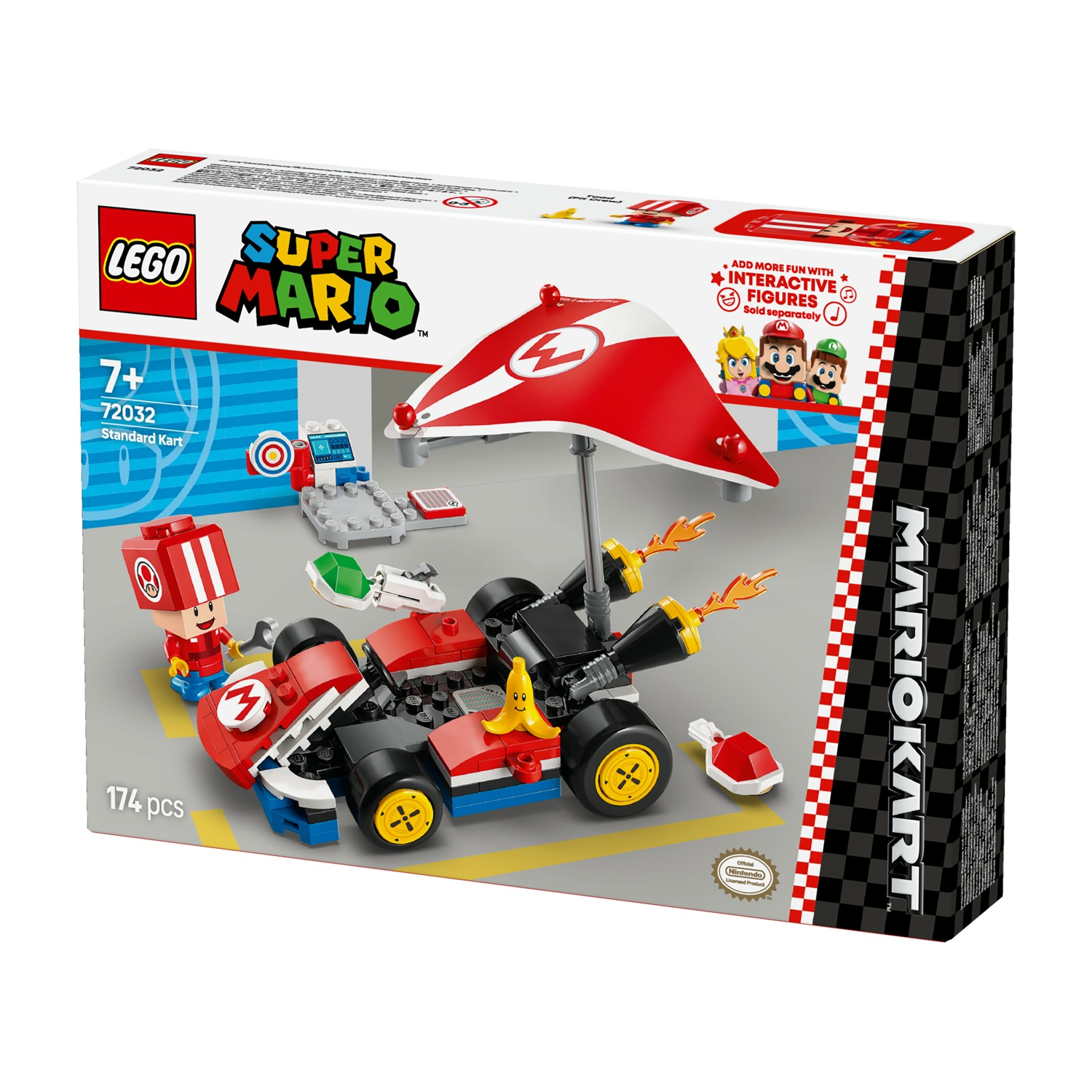 Set Lego Super Mario Kart. Include un kart, la figura di Mario, un ombrello rosso e bianco e altri accessori. La scatola è visibile.