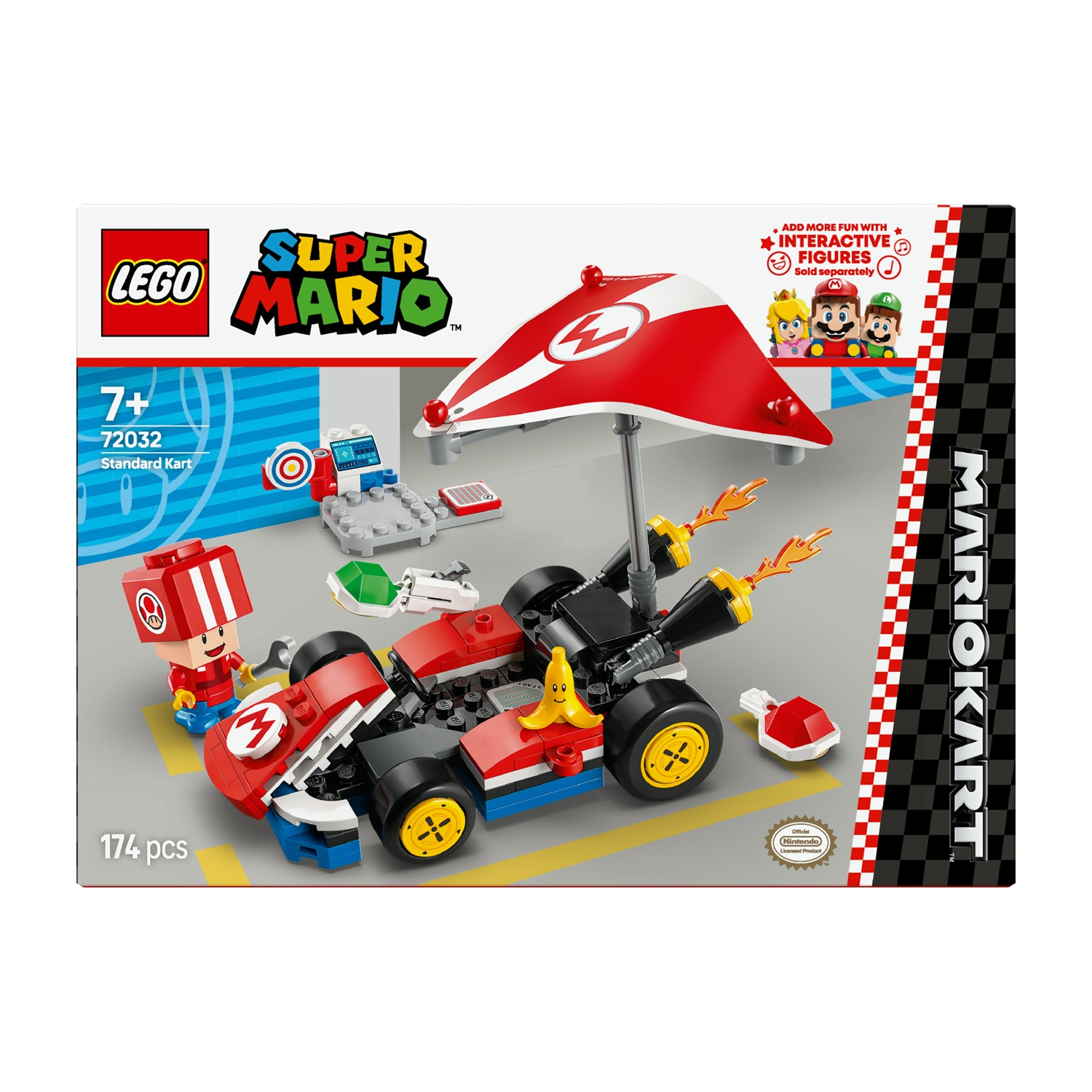 Set Lego Super Mario. Include un kart, la figura di Mario, una banana e accessori. La scatola ha un design rosso e bianco e il logo.
