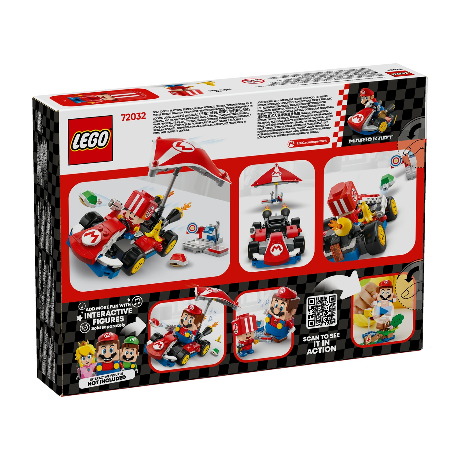 Scatola Lego Mario Kart. Mostra Mario e altri personaggi nei loro kart. Il logo Lego è visibile.