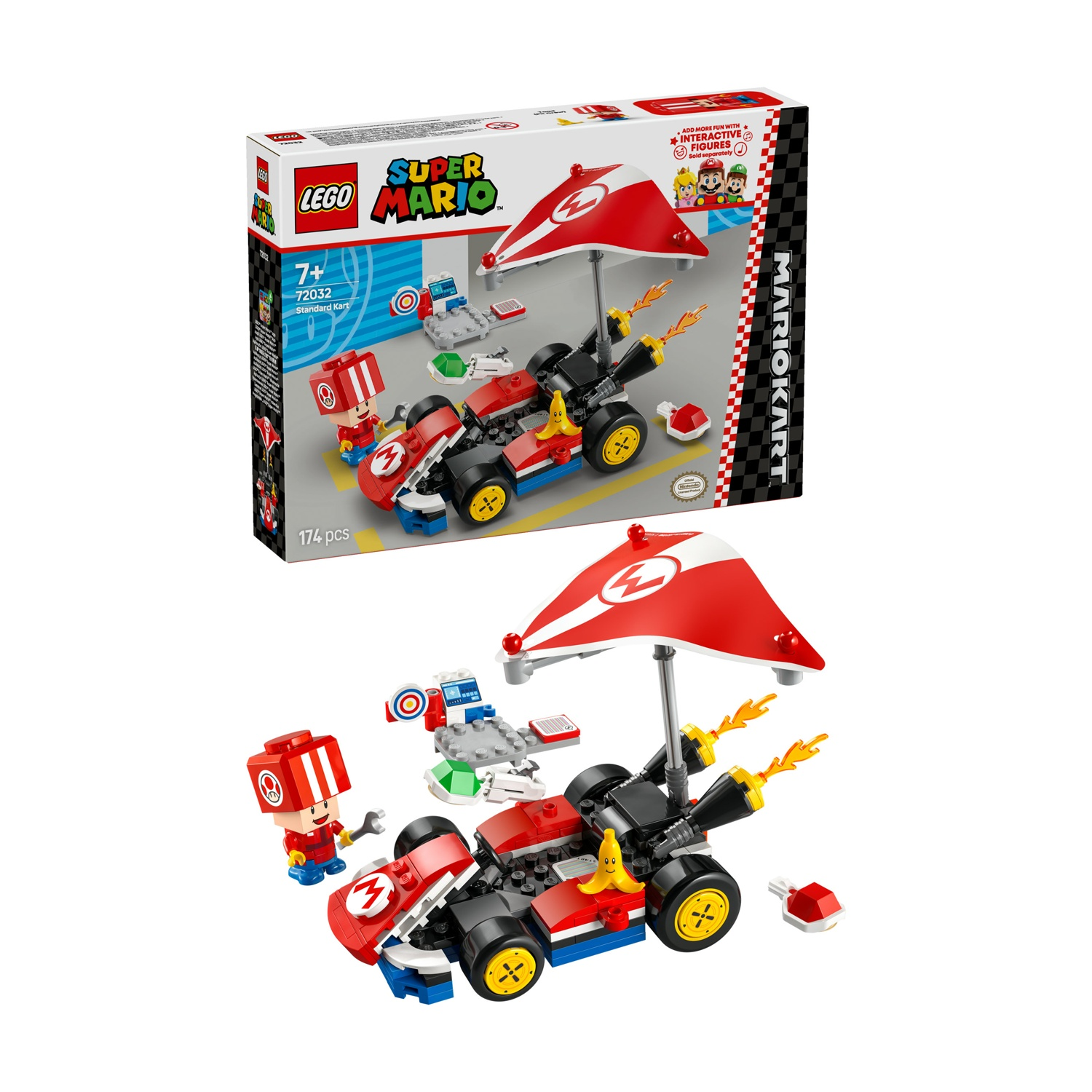Un set Lego Super Mario. Presenta un kart rosso, un piccolo personaggio e un parasole rosso e bianco. Il set è su sfondo bianco.