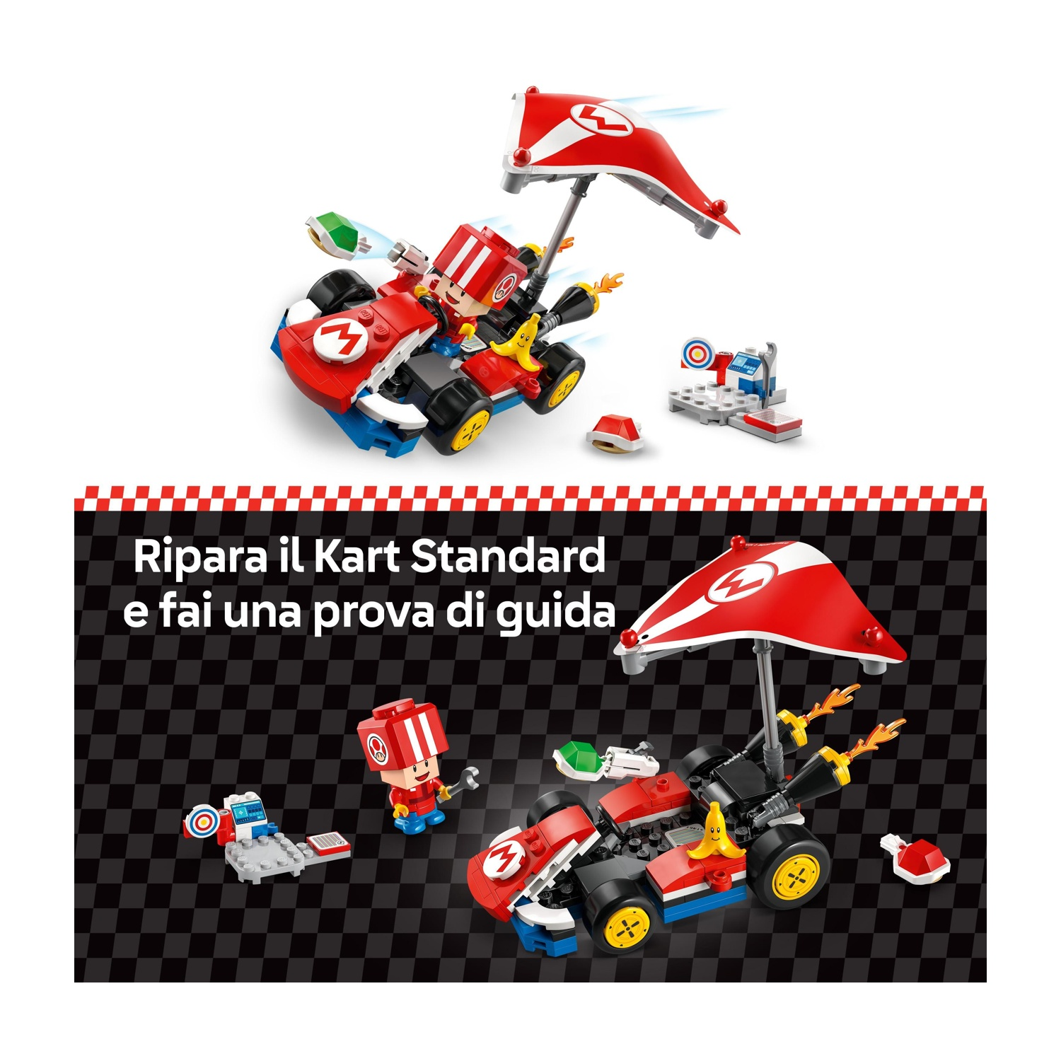 Un set Lego con un kart rosso con personaggio di Mario, tettuccio rosso e bianco e piccoli accessori su sfondo nero a scacchi.