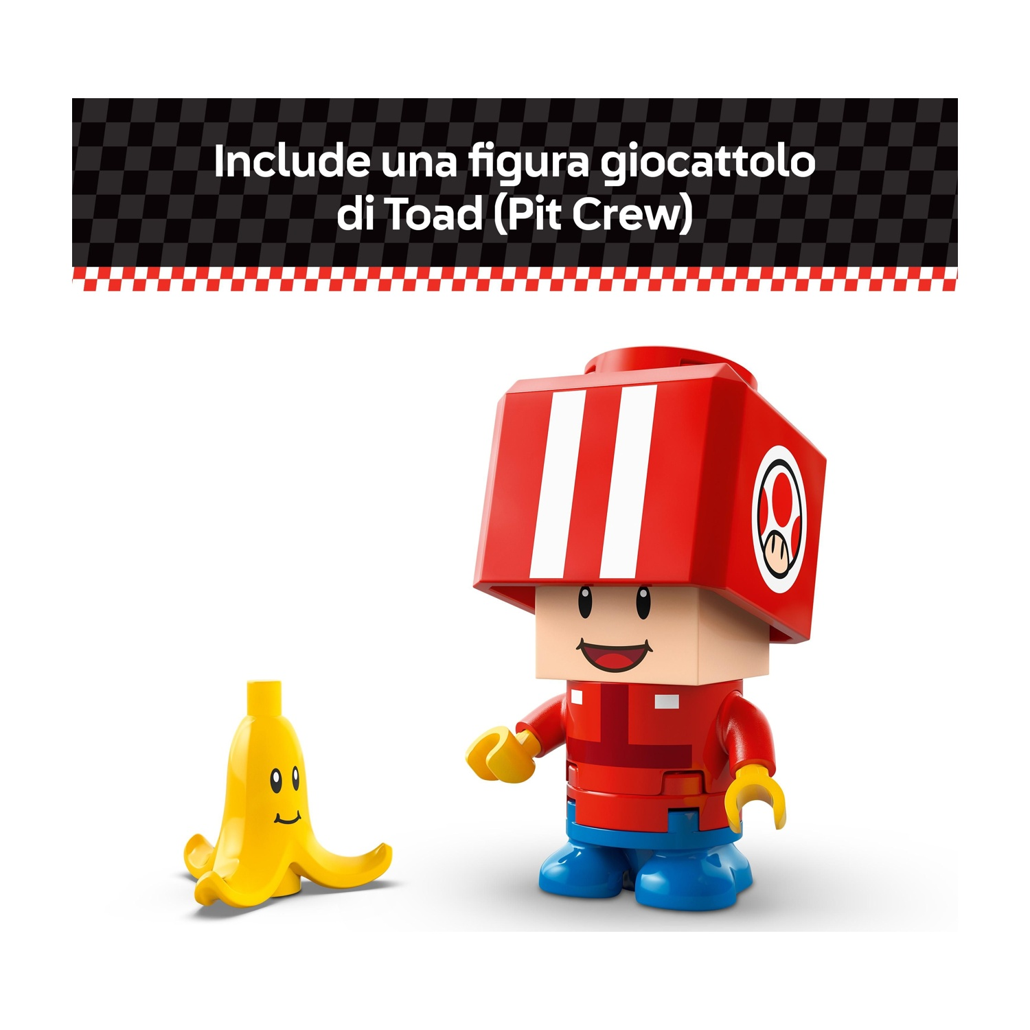 Una figura giocattolo di Toad in abito rosso e una banana. Toad ha un cappello rosso a strisce bianche. La banana è gialla e sorride.