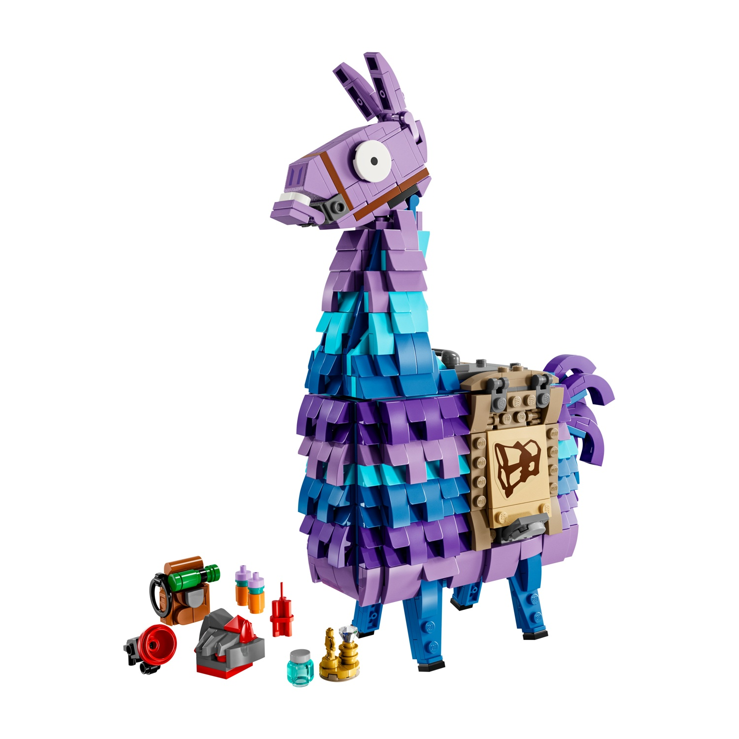 Una figura di lama Lego viola, blu e verde acqua. Accessori sparsi, tra cui un megafono e dei contenitori.