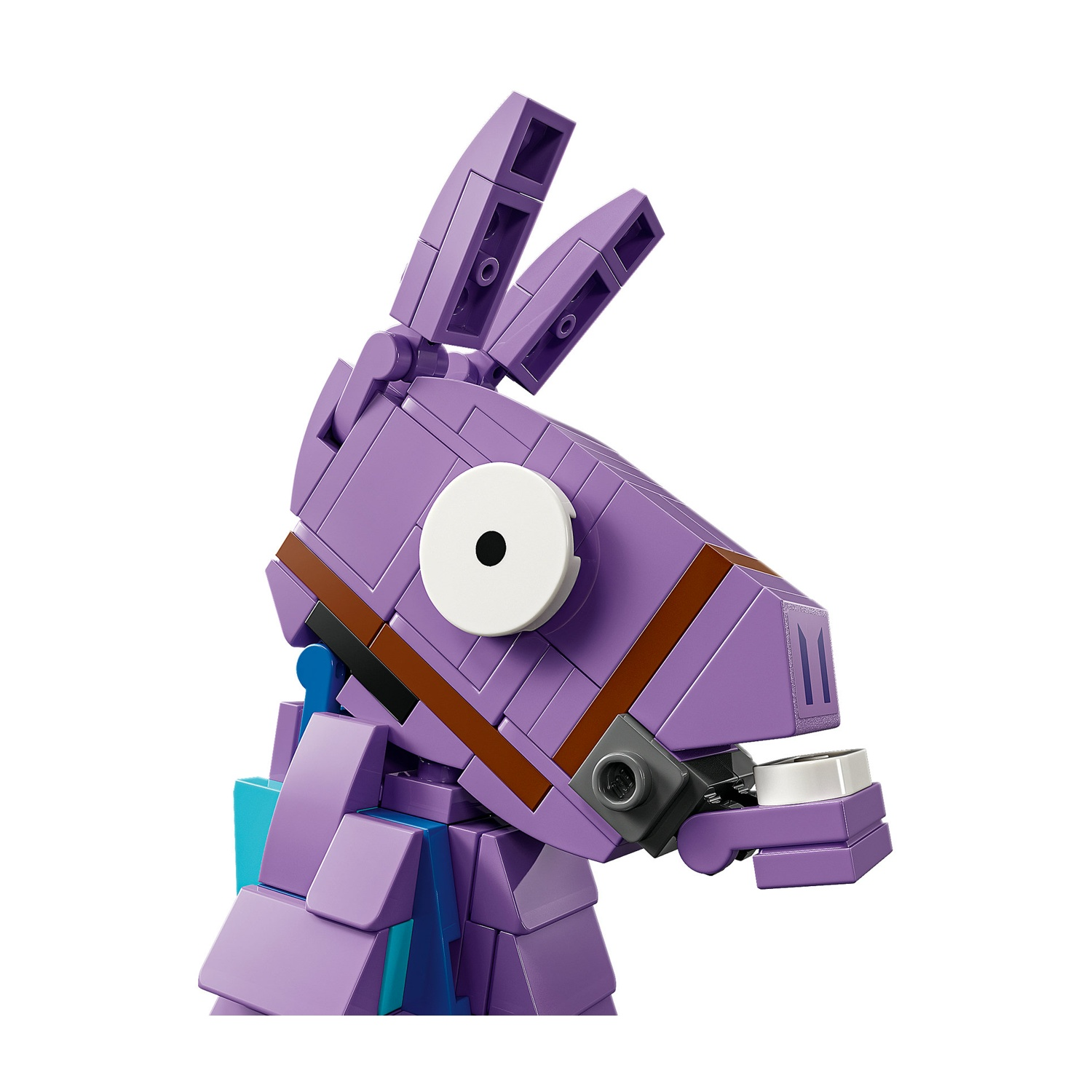 Un lama Lego, viola con dettagli marroni e blu, occhio e denti bianchi, su sfondo bianco.