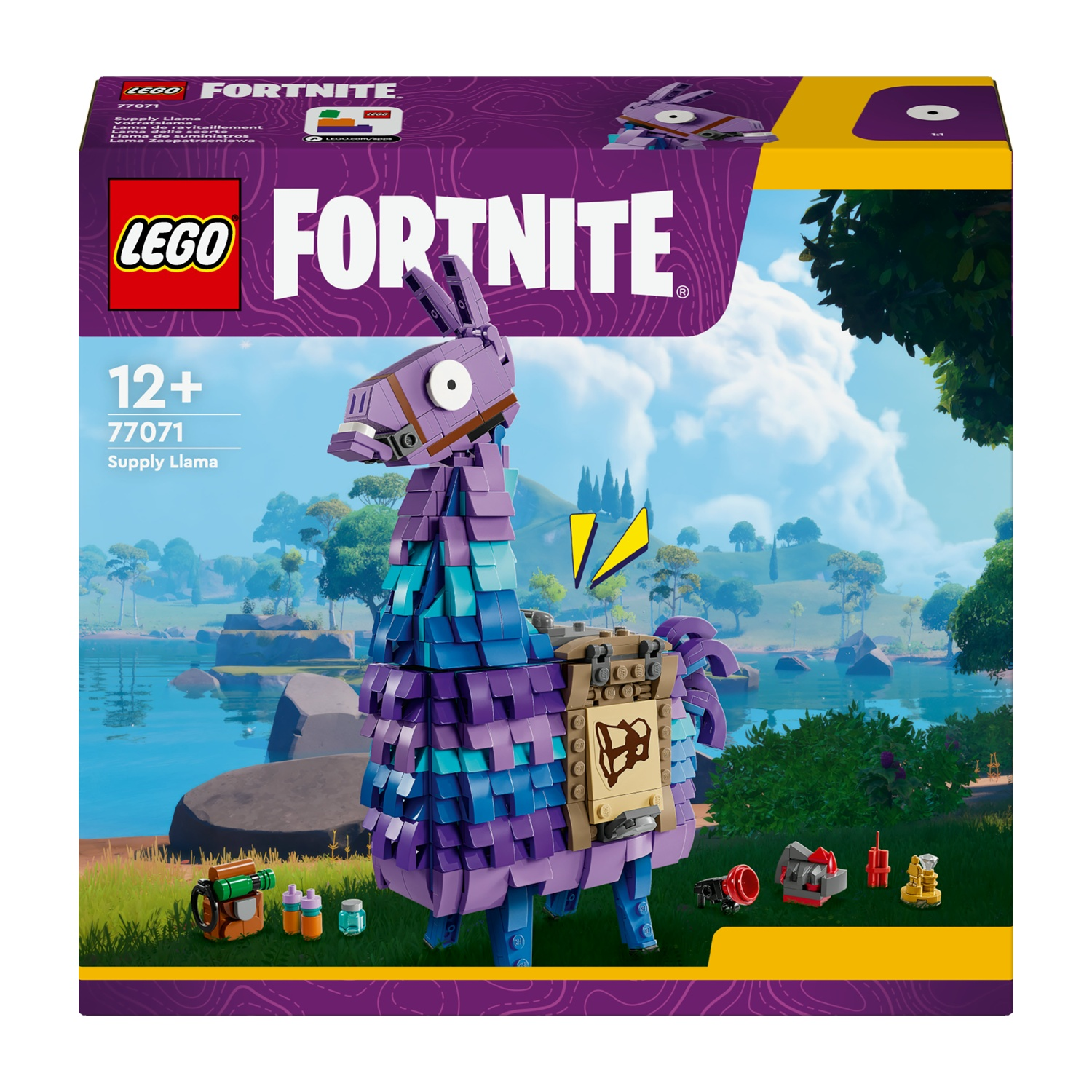 Scatola Lego Fortnite Supply Llama. La scatola mostra il set del lama con accessori, sullo sfondo di un lago e di un paesaggio verde.