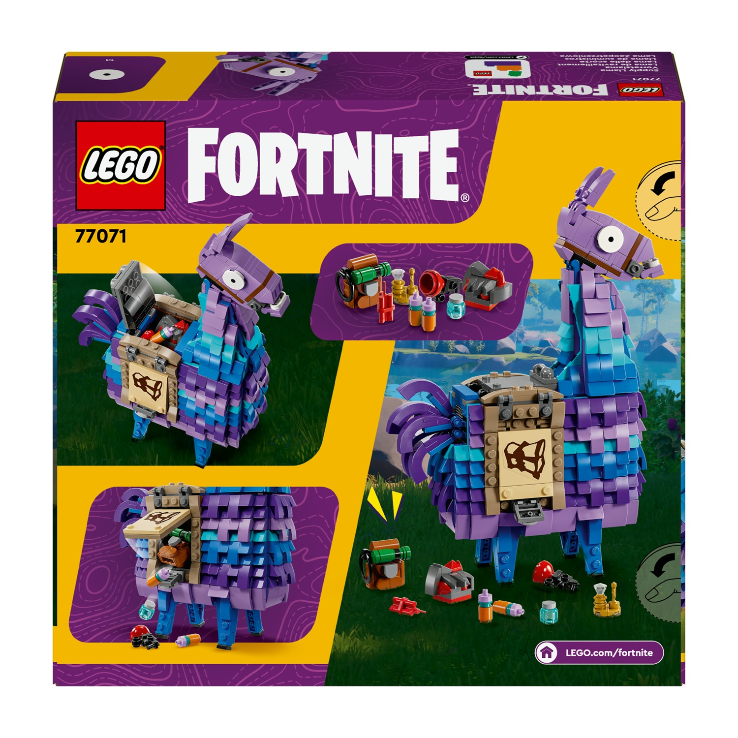 Scatola del set Lego Fortnite. Mostra diverse figure di lama fatte di mattoncini Lego, con vari accessori su sfondo giallo e viola.