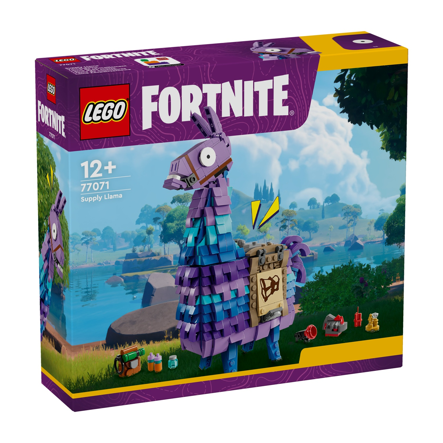 Scatola Lego Fortnite Supply Llama. La scatola mostra il lama e uno sfondo con acqua e alberi.