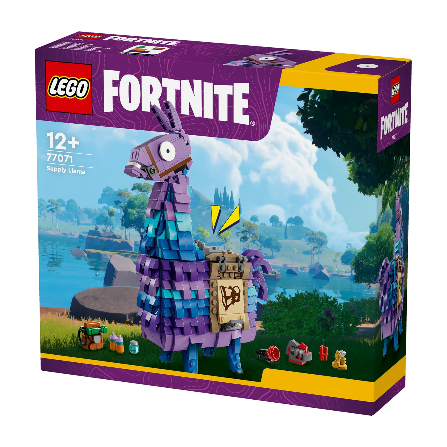 Scatola del set Lego Fortnite. Presenta una figura di lama con mattoncini viola, blu e marroni, su uno sfondo panoramico.