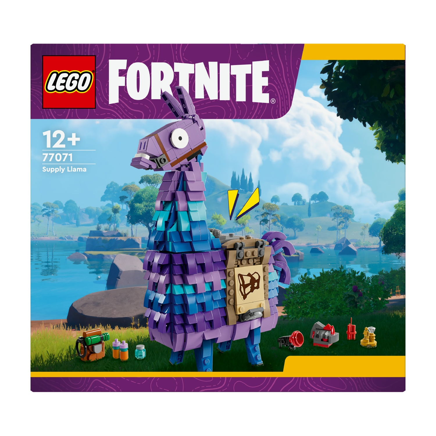 Set Lego Fortnite Supply Llama. Un lama viola e blu con accessori si trova in un paesaggio con acqua e alberi.