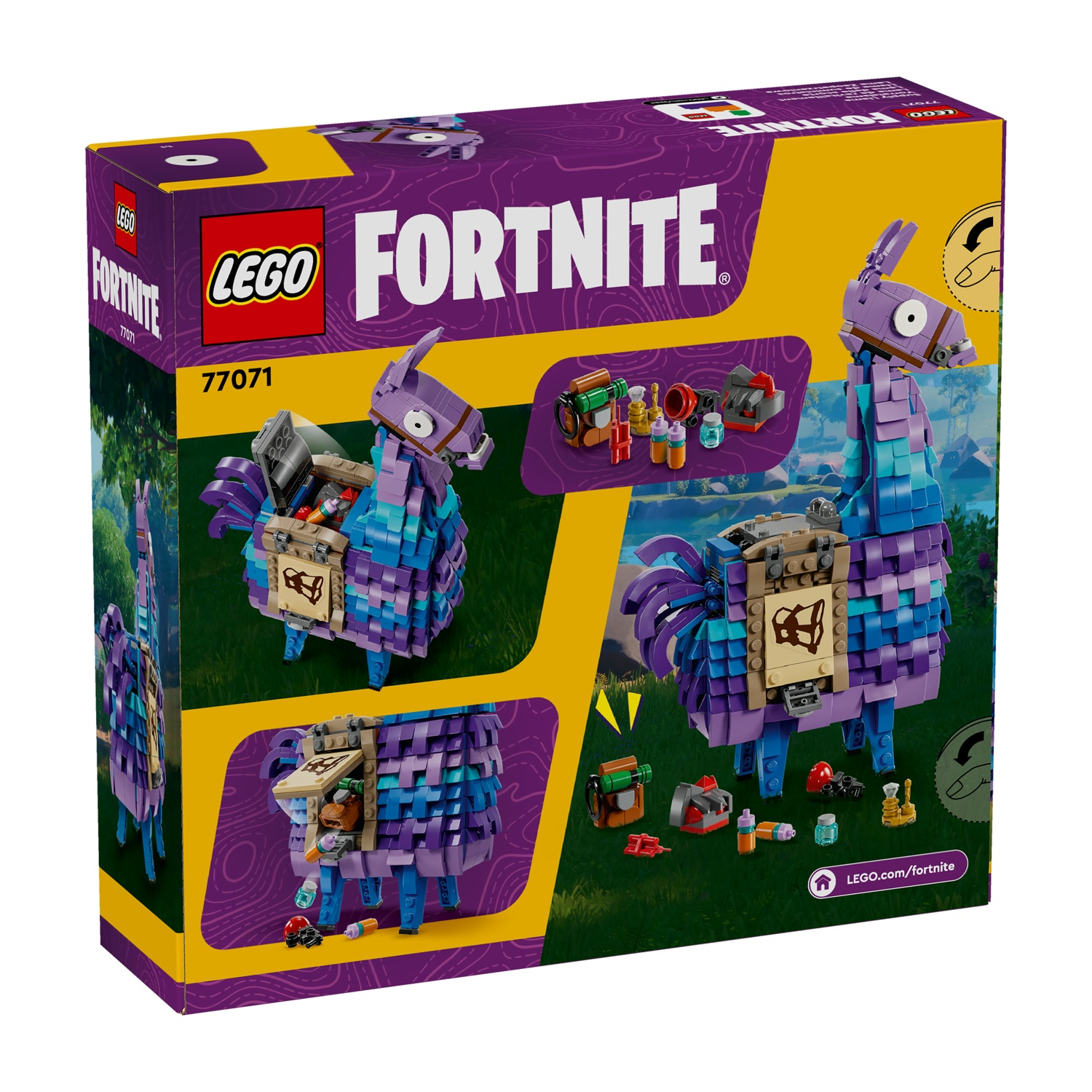 Scatola Lego Fortnite. Figura di lama viola e blu con accessori. Include il logo Lego e il marchio Fortnite.