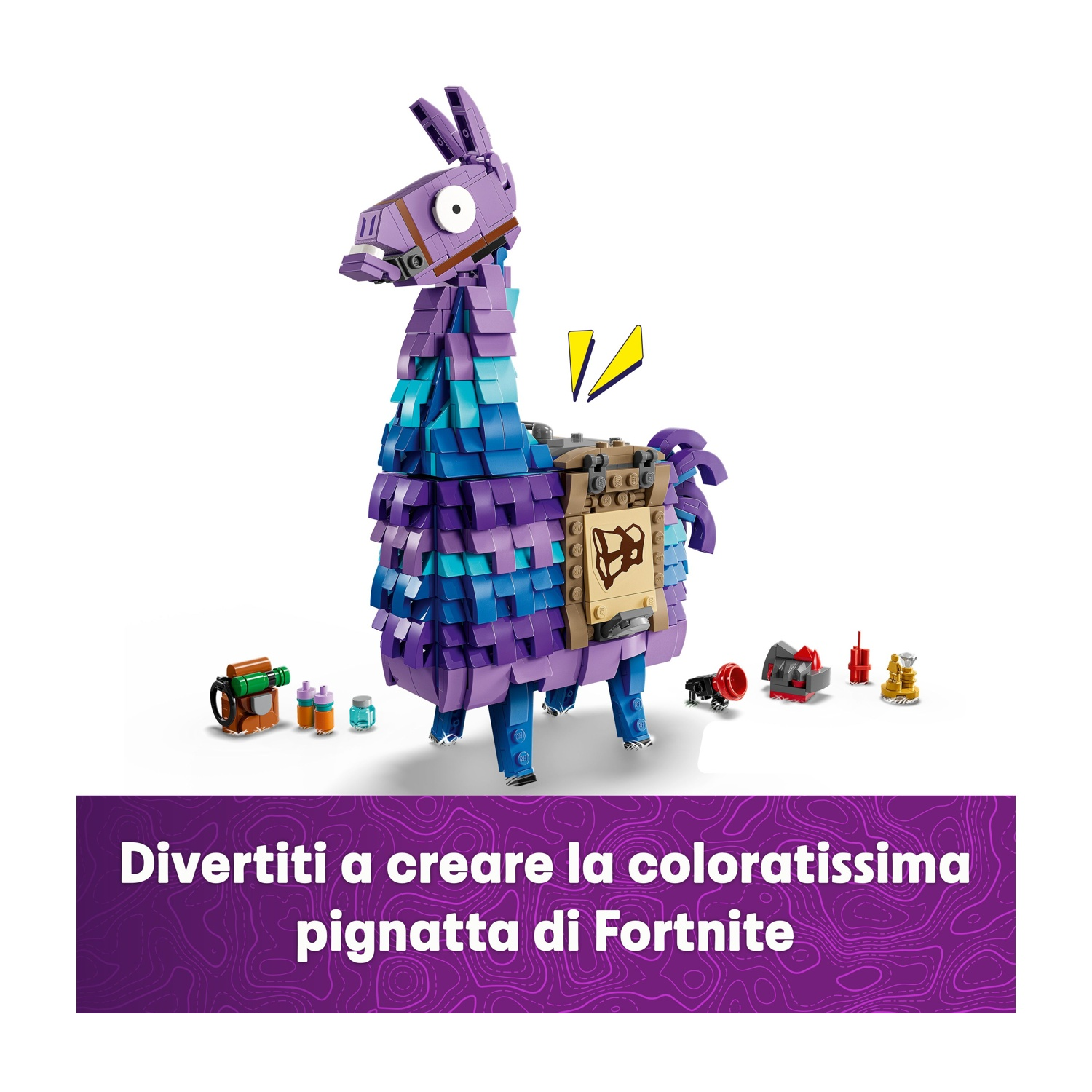 Una pignatta Llama Lego. È viola, blu e marrone. Ci sono accessori intorno, con testo in basso.