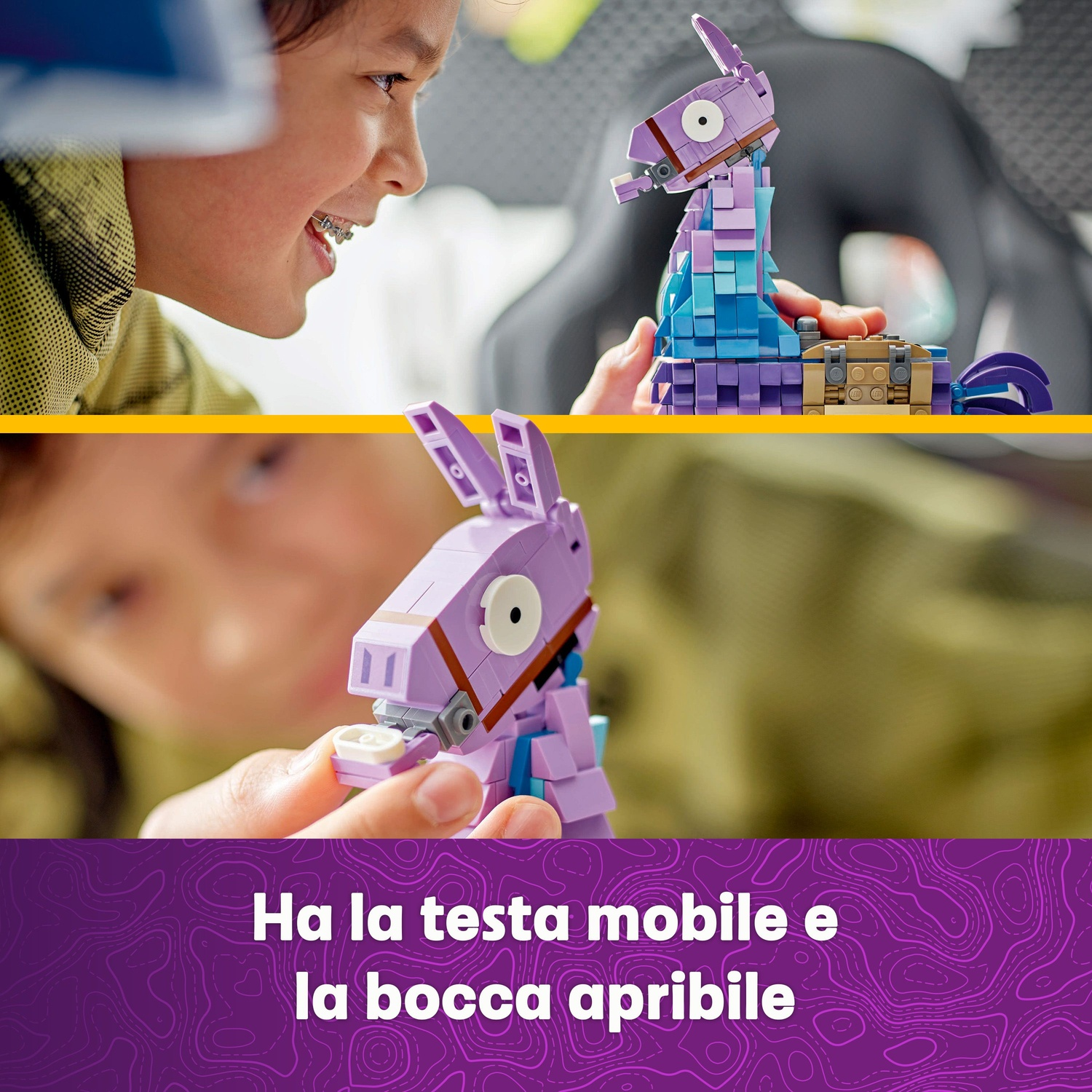 Un bambino sorride a un lama Lego viola. Il lama è composto da blocchi. Il lama ha la bocca aperta.