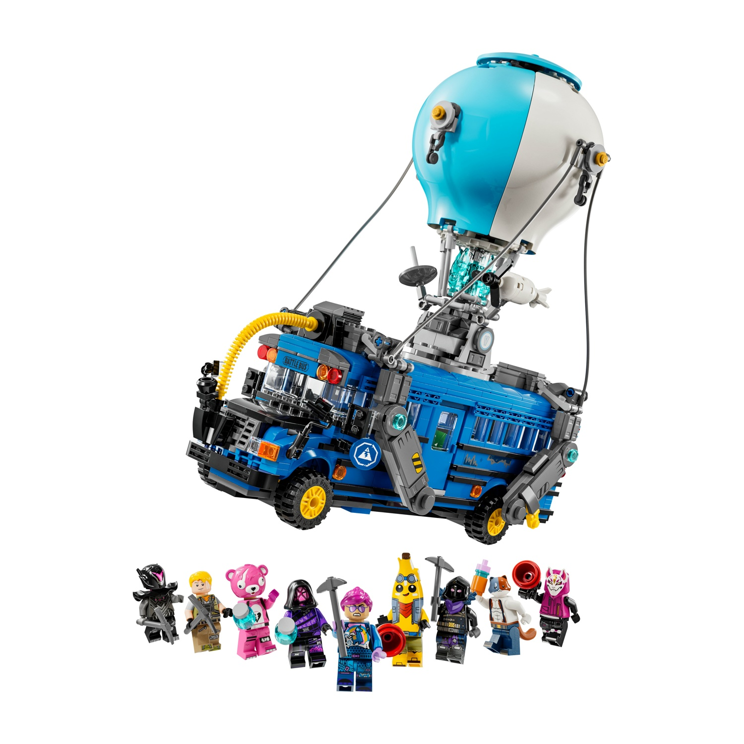 Un set Lego con un autobus da battaglia blu con un palloncino bianco e blu attaccato. Diverse minifigure sono in piedi sotto l'autobus.