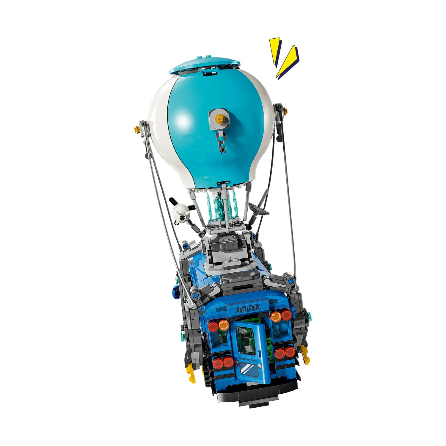 Un Lego Battle Bus con un pallone blu e bianco, carrozzeria nera e blu e accenti gialli sta fluttuando in aria.