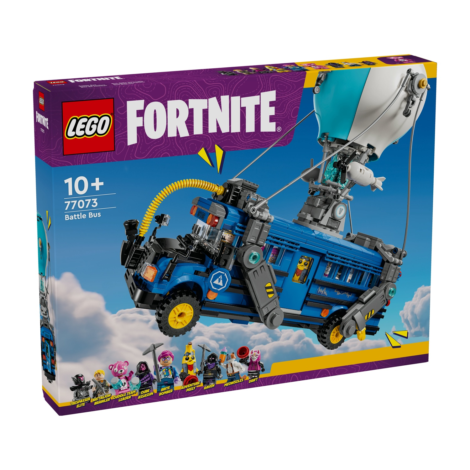 Scatola Lego Fortnite Battle Bus. Mostra l'autobus blu con un pallone e le minifigure dei personaggi. Lo sfondo è un cielo blu.