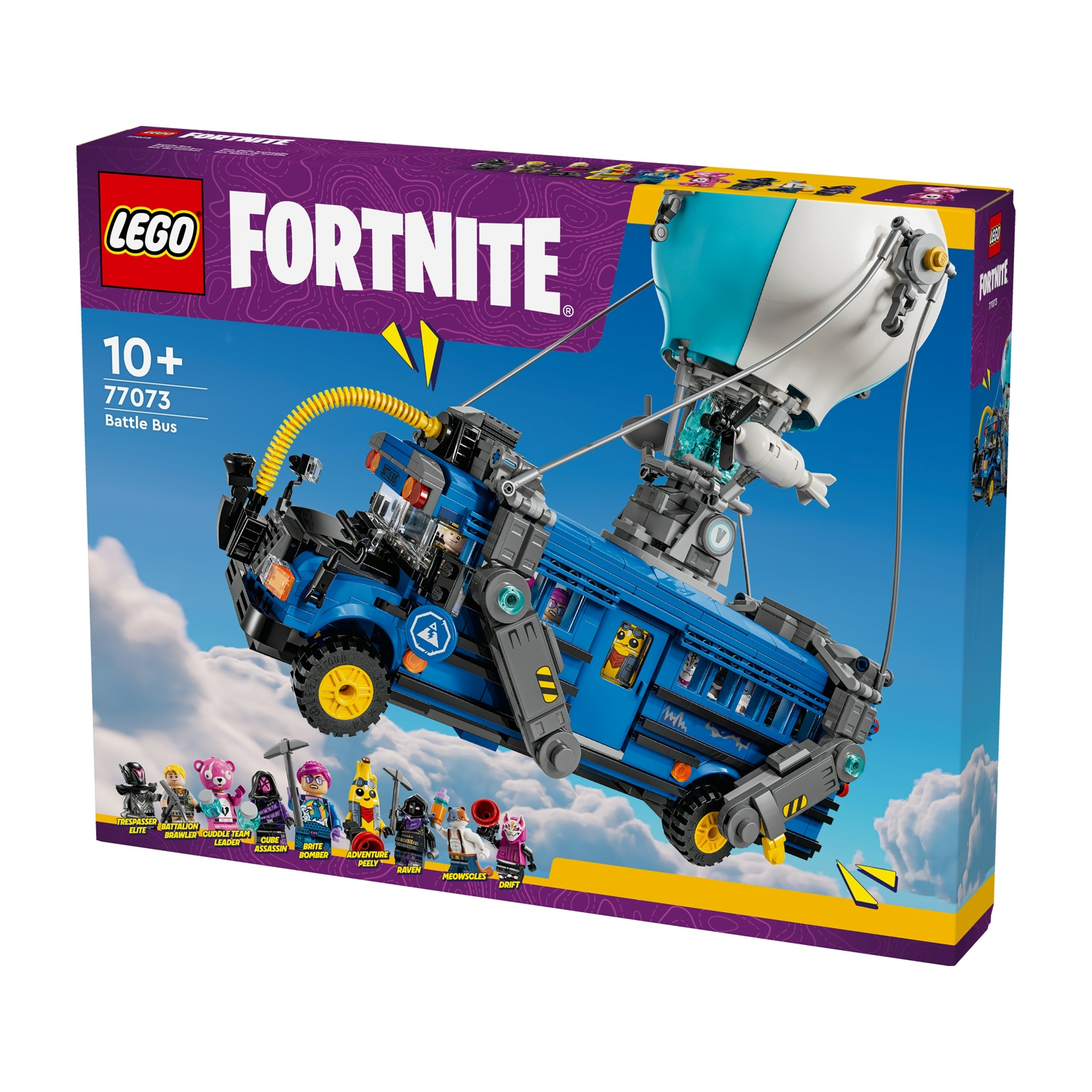 Scatola del set Lego Fortnite Battle Bus. Include un autobus blu con un palloncino, minifigure e i loghi Fortnite e Lego.