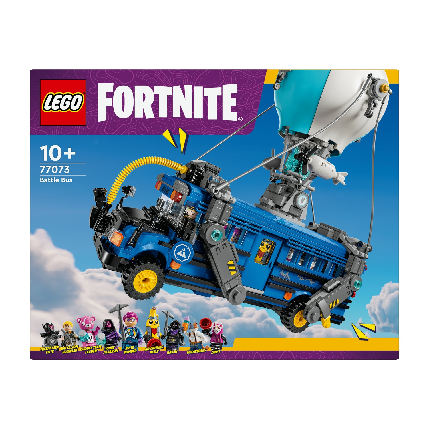 Set Lego Fortnite Battle Bus. Un autobus blu nel cielo, con un palloncino bianco e blu sopra e minifigure sotto.
