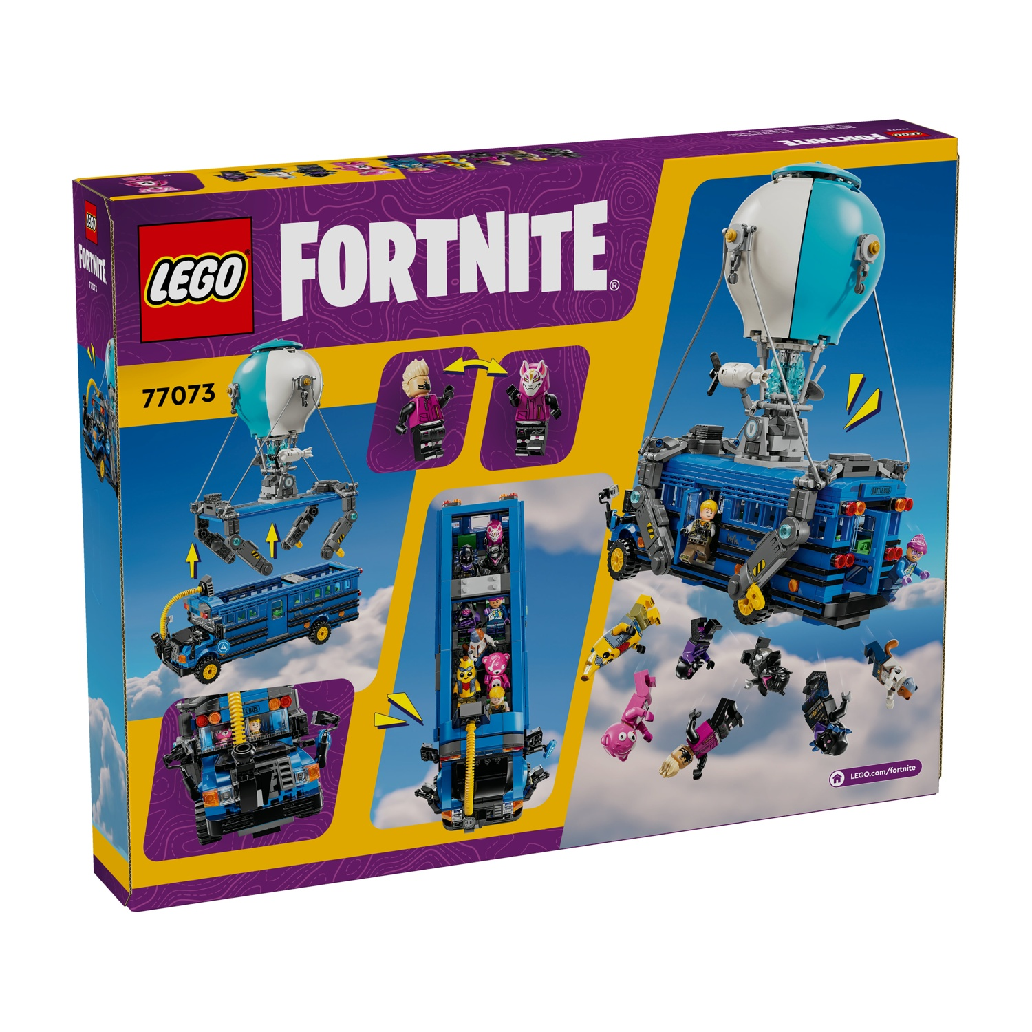 Scatola del set Lego Fortnite. Autobus blu con mongolfiera e personaggi. La scatola ha i loghi Lego e Fortnite.