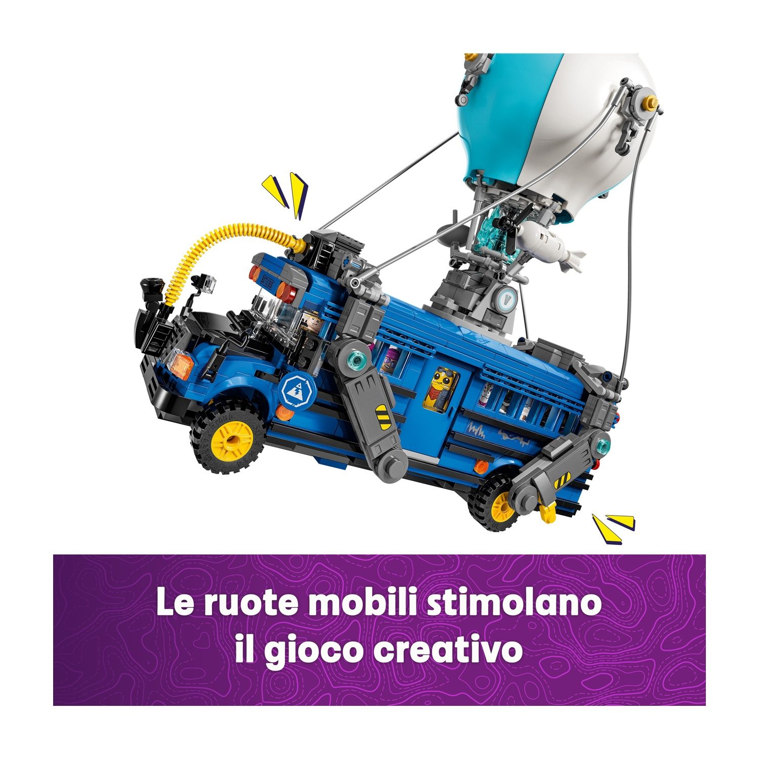 Un autobus Lego blu con una mongolfiera. L'autobus ha ruote gialle e un tubo giallo.