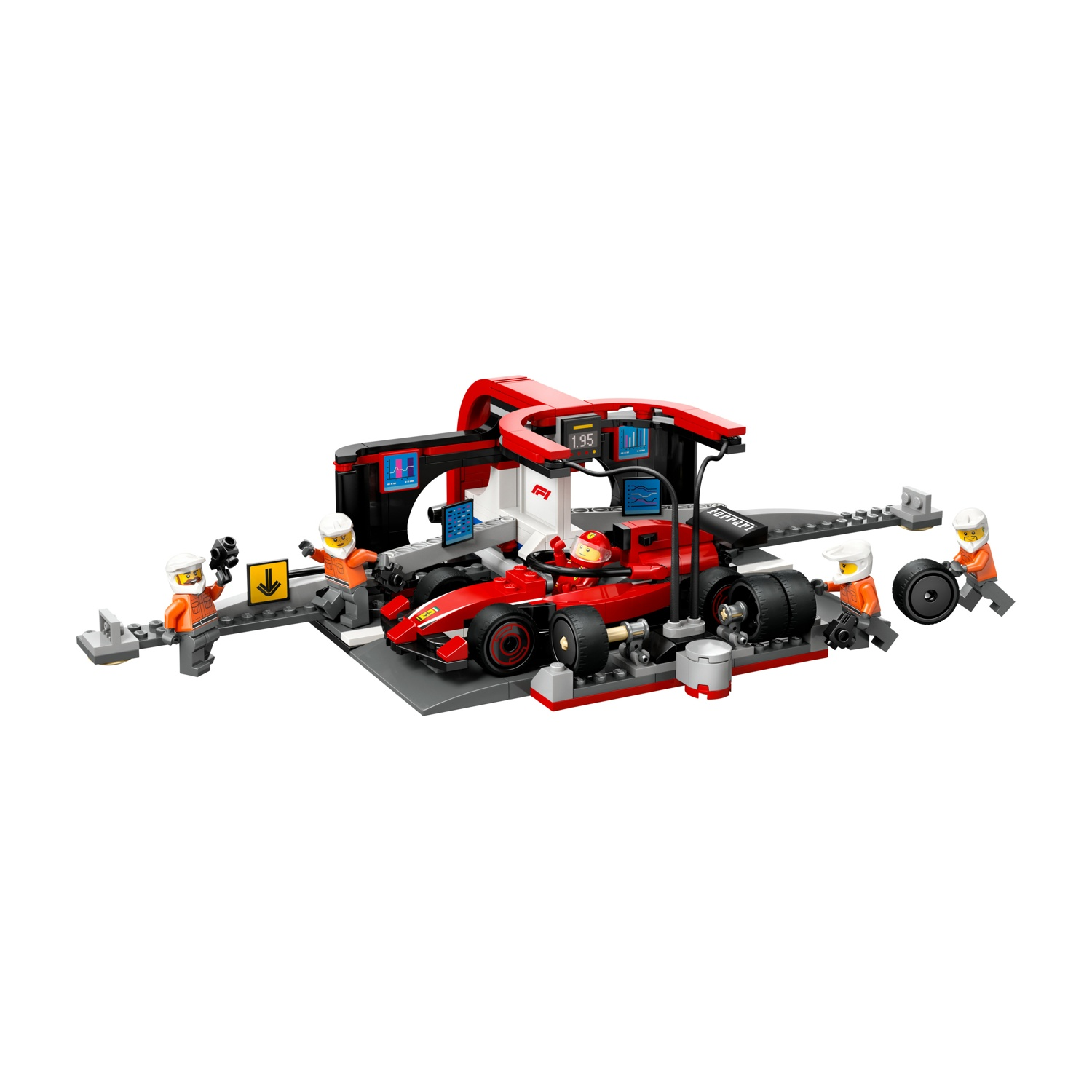 Set Lego di un'auto da corsa rossa in una scena di pit stop. Include membri dell'equipaggio, attrezzature e una struttura pit con schermi.