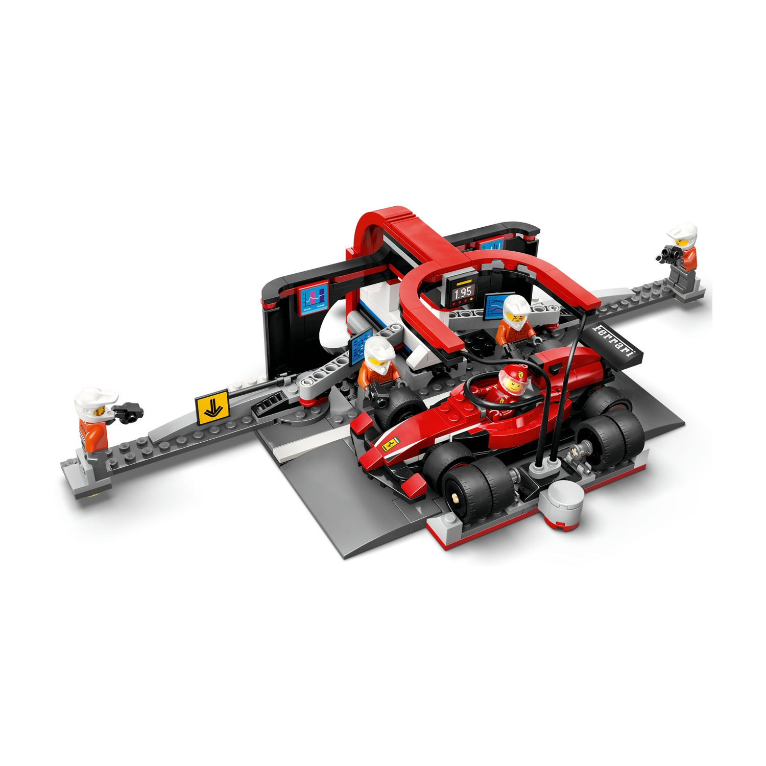 Una macchina da corsa Ferrari Lego in un box. Ci sono diversi membri dell'equipaggio e un garage. L'auto è rossa e nera.