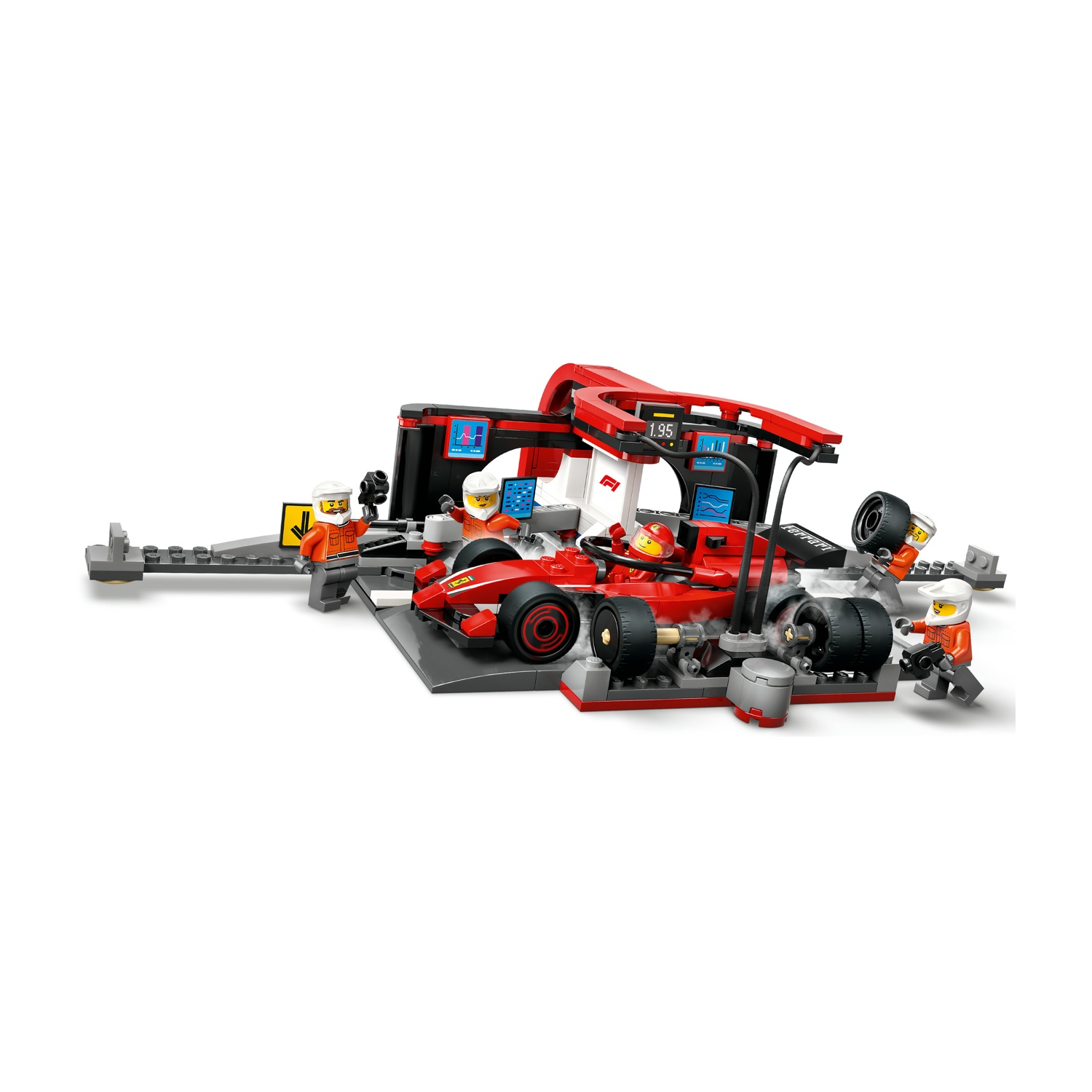 Set Lego di un'auto da corsa rossa in un garage con minifigure e strumenti. Si sta lavorando sull'auto. Sfondo bianco.
