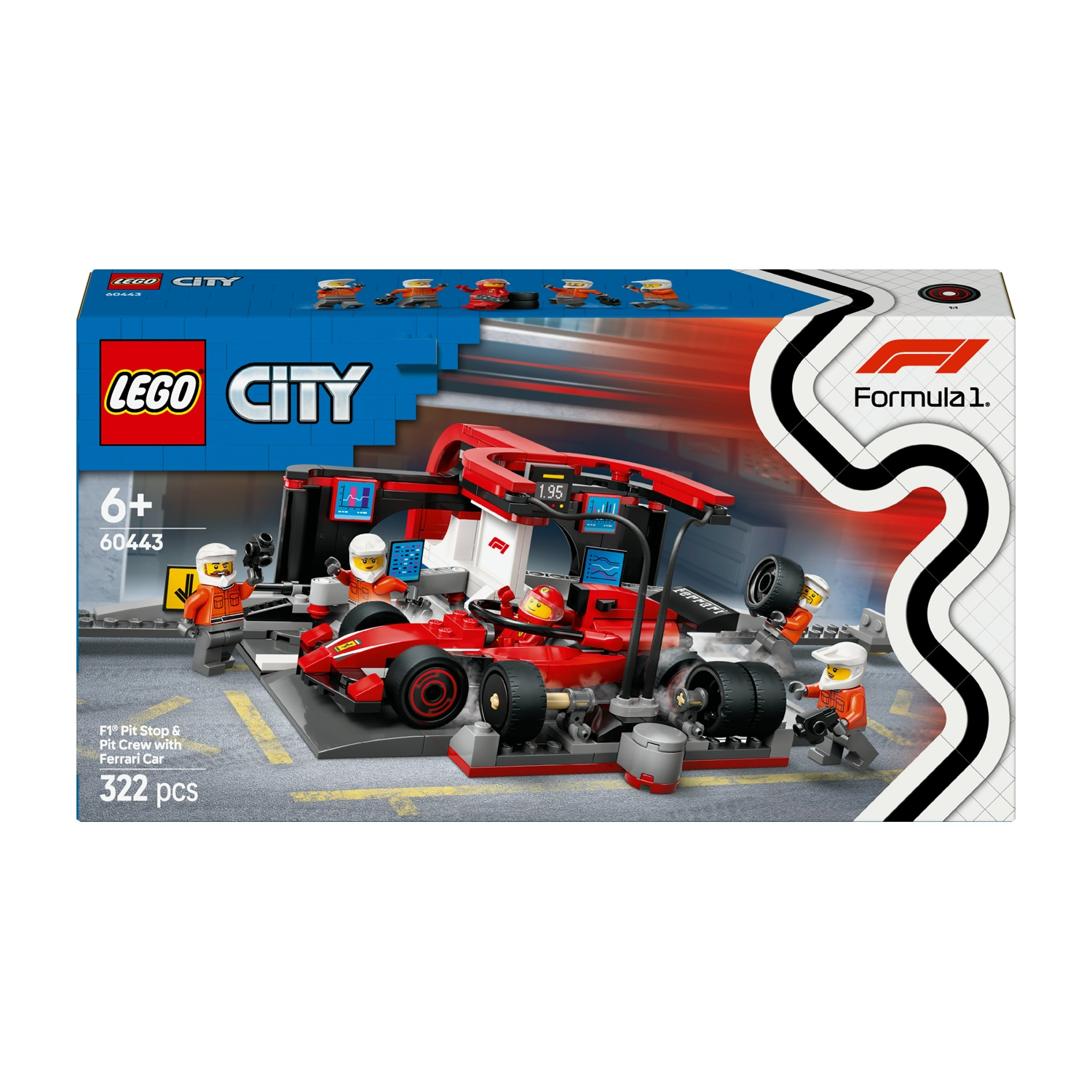 Il set Lego City mostra una Ferrari rossa durante un pit stop con membri dell'equipaggio, attrezzi e un display digitale.