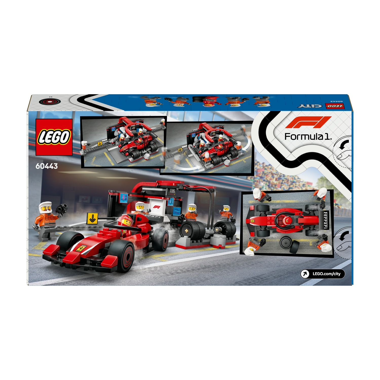 Scatola Lego con una macchina da corsa di Formula 1 rossa, box e elementi del garage. La scatola mostra il logo Lego City.