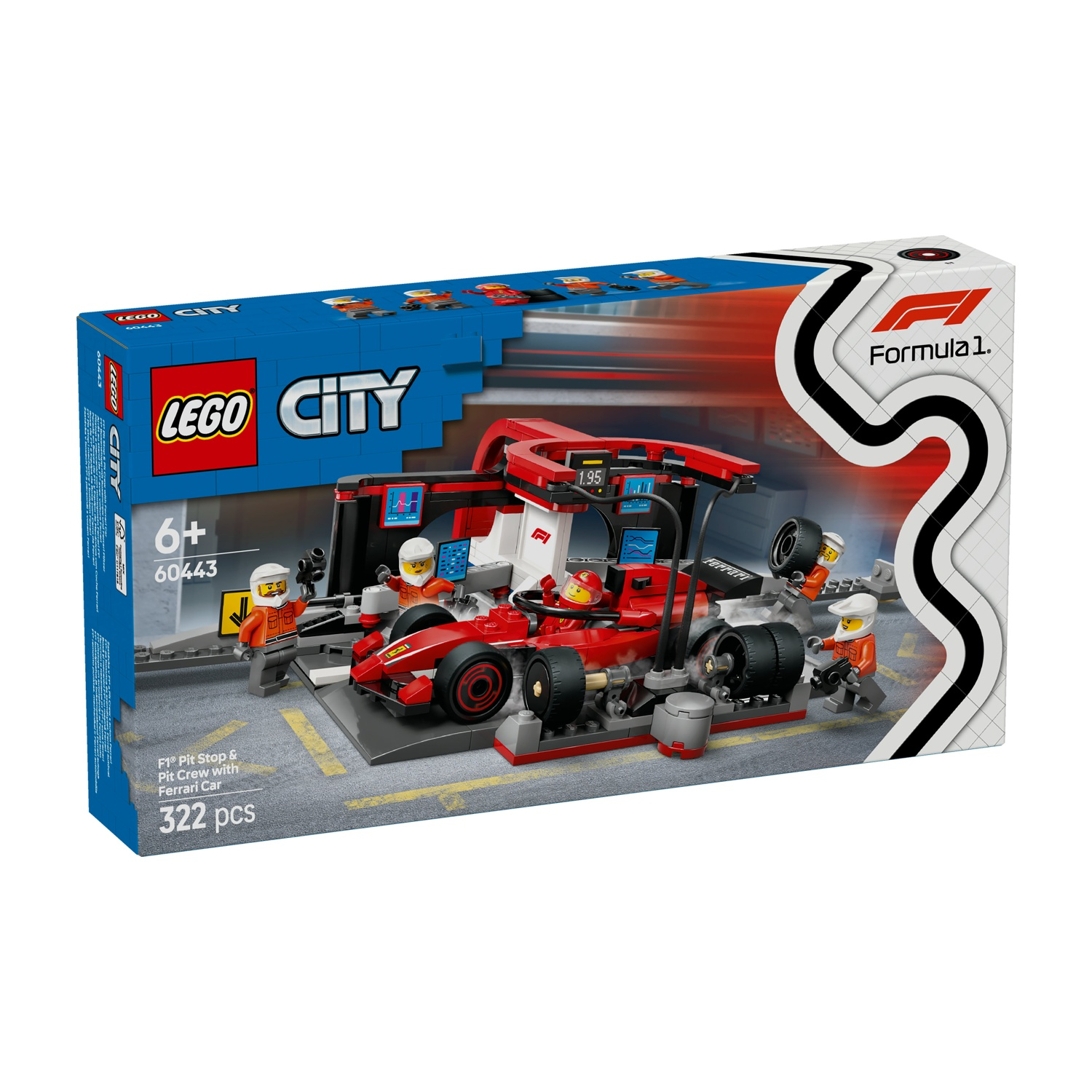Set Lego City F1 con auto Ferrari rossa, membri dell'equipaggio e struttura box su una scatola.