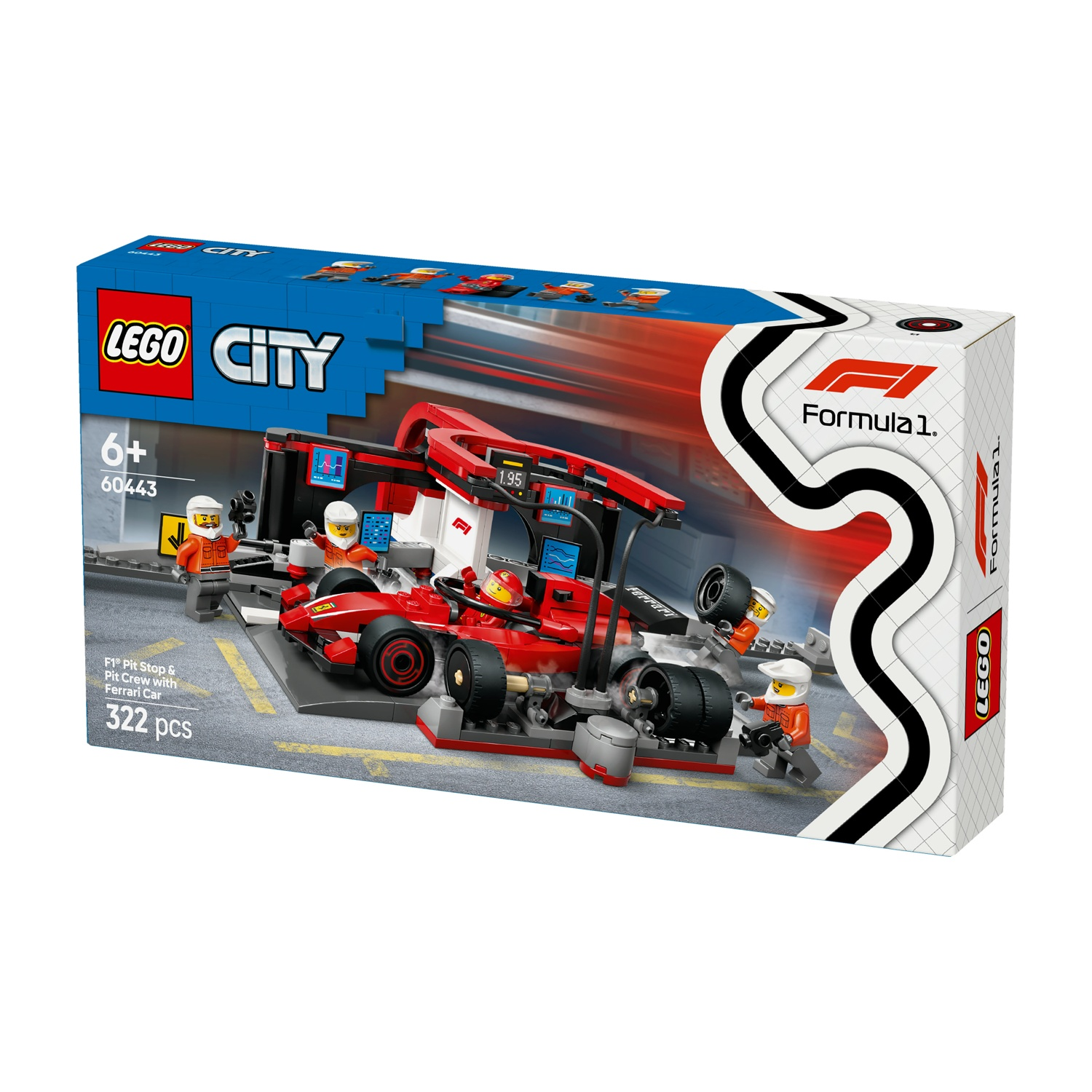 Set pit stop F1 Lego City. La scatola mostra una macchina da corsa rossa, il team dei box e i componenti della vettura. Il logo Lego è visibile.