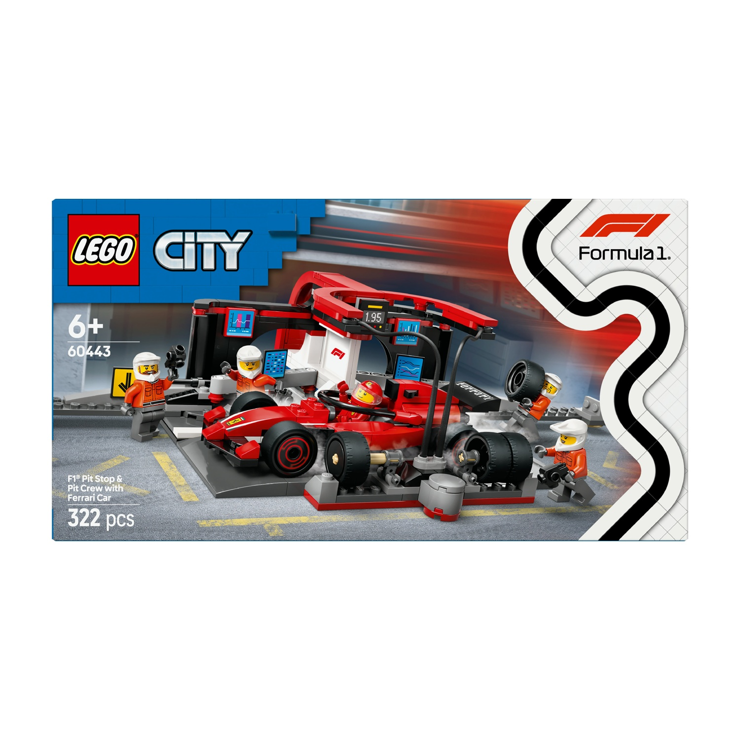 Set Lego City raffigurante una Ferrari rossa durante un pit stop con membri dell'equipaggio. La scatola presenta i loghi Lego e Formula 1.