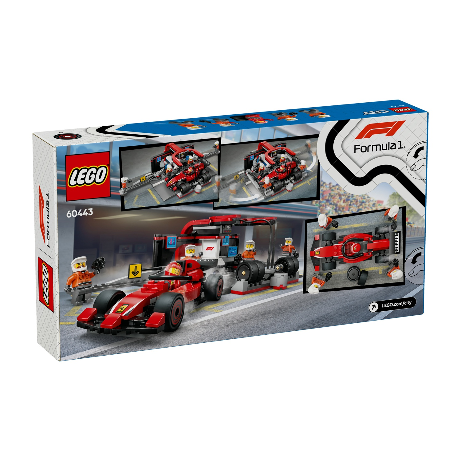 La scatola Lego mostra una macchina di Formula 1 rossa, minifigure del team e un'officina. Ci sono immagini dell'auto in azione sulla scatola.