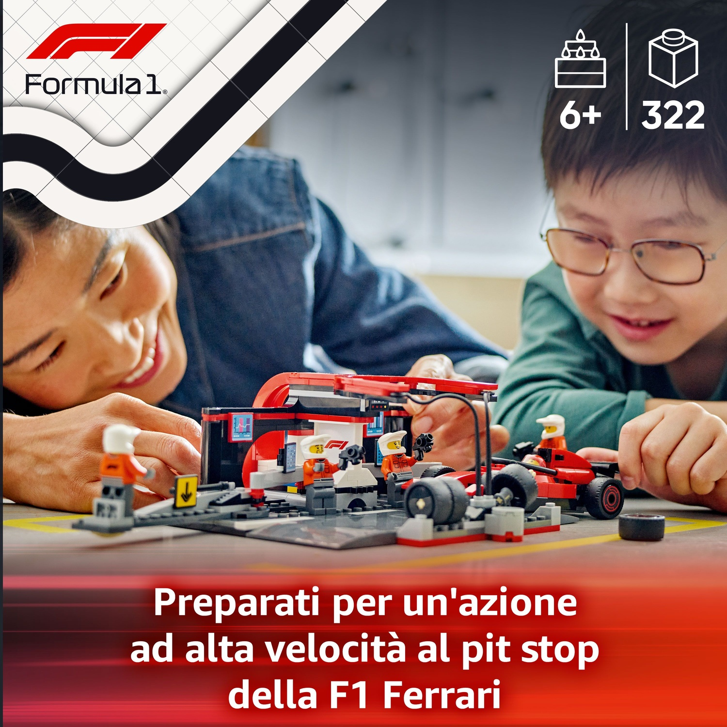 Una scena del pit stop Lego F1 Ferrari con due persone. Include un'auto rossa, figure e attrezzature. L'età è 6+.
