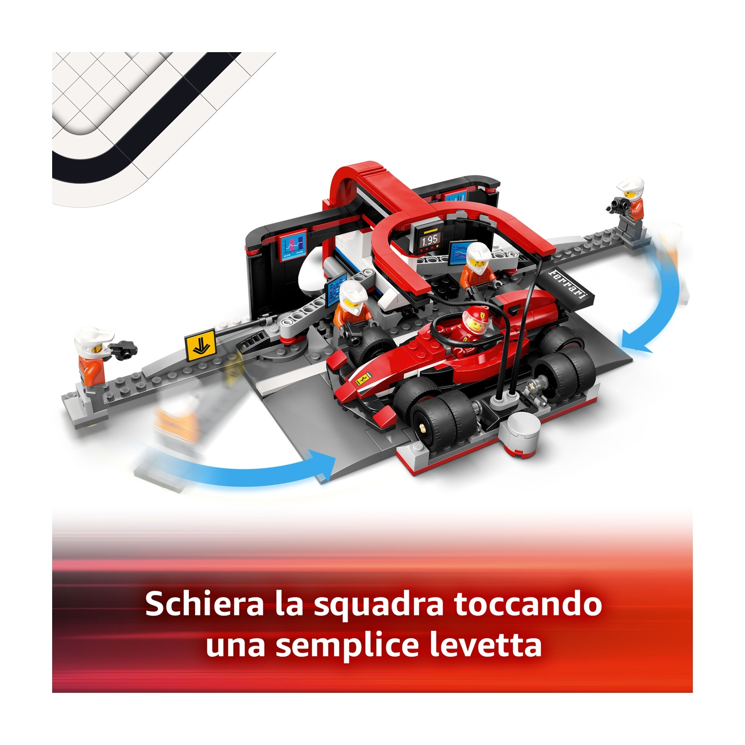 Un'auto da corsa Ferrari Lego e l'equipaggio in una scena di pit stop. L'auto è rossa, con membri dell'equipaggio in tute arancioni. Lo sfondo è bianco.
