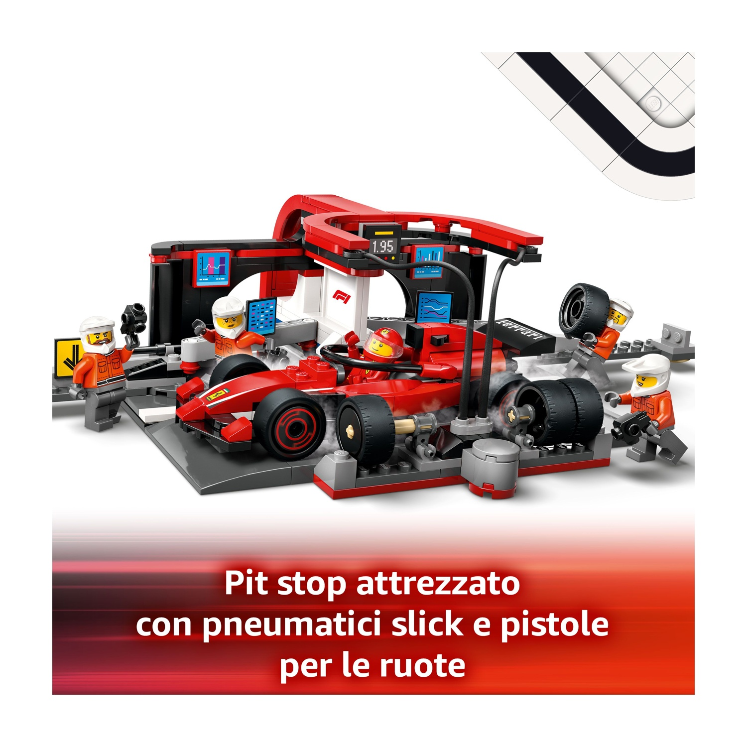 Una scena del pit stop Lego F1. Un'auto da corsa rossa è circondata da meccanici ed equipaggiamento. Lo sfondo ha una pista e un garage.