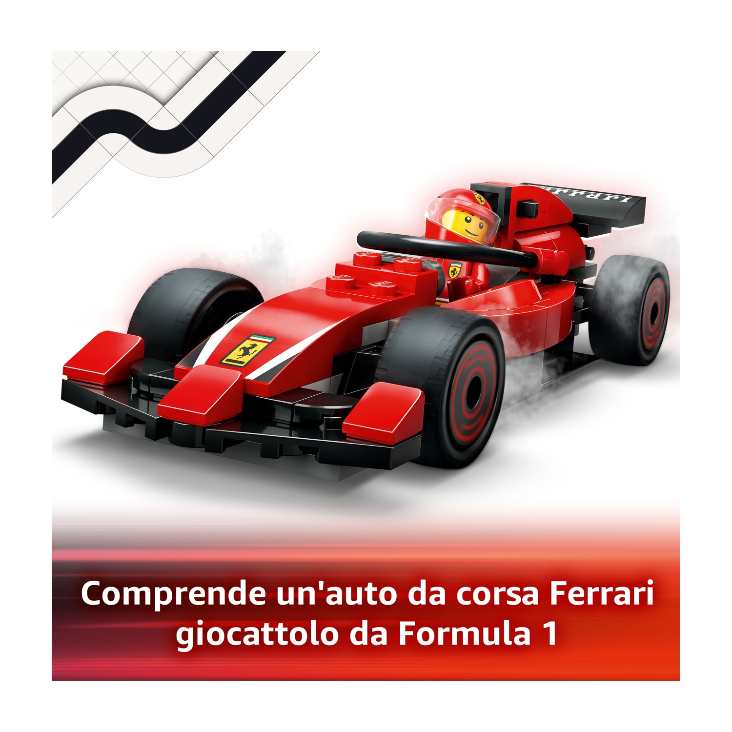 Un'auto giocattolo Ferrari di Formula 1 rossa con un pilota. Effetto fumo. Grafica della pista in bianco e nero in alto a sinistra.